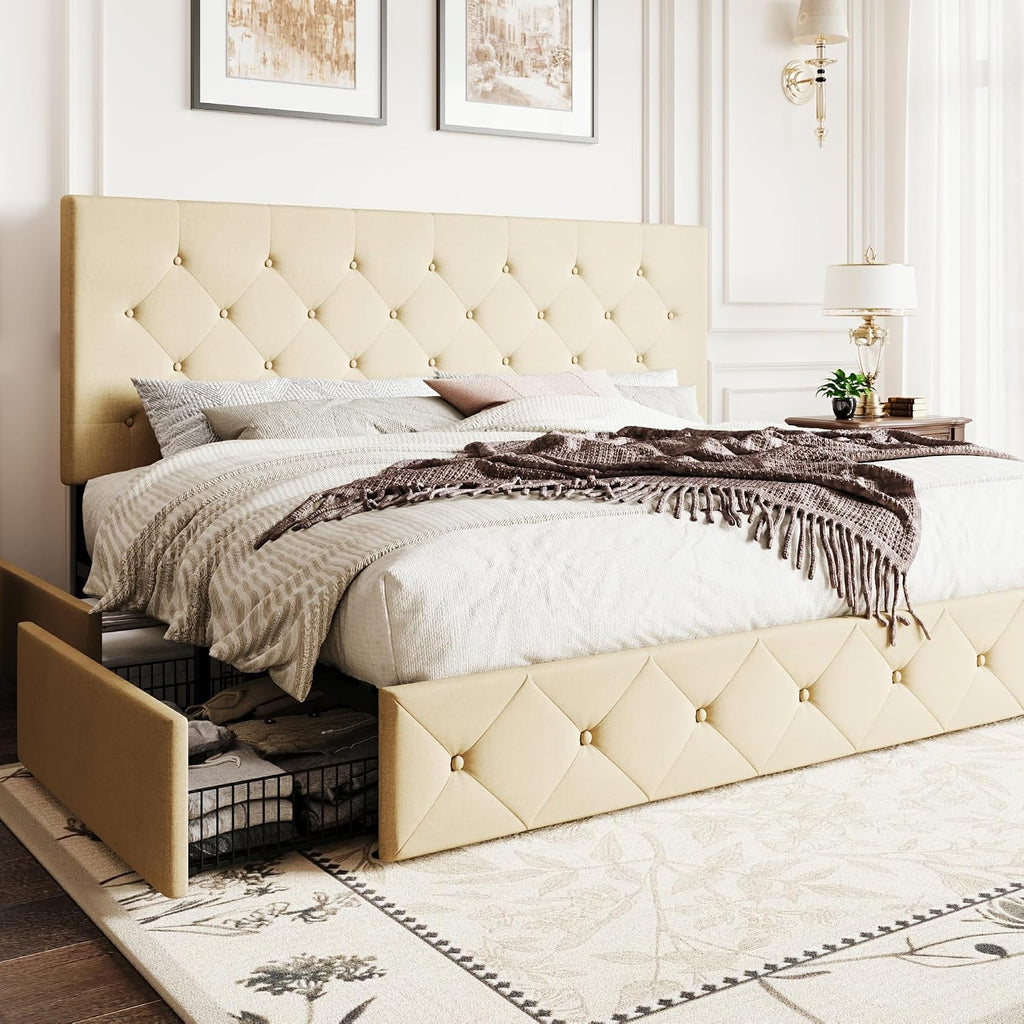 SHA CERLIN Upholstered King Size Platform Bed Frame with 4 Storage Drawers, Adjustable Headboard with Diamond Stitched Button Tufted Design, Wooden Slat Support, No Box Spring Needed, Beige