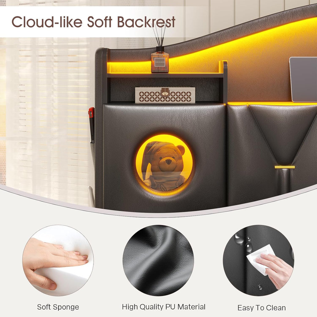 King Size Bed Frame,Platform Bed Frame King Size with 6 Storage Drawers & Headboard, King Bed with LED Lights&Charging Station,Sturdy Metal Slats,Noise-Free,No Box Spring Needed,Easy Assembly,PU Black