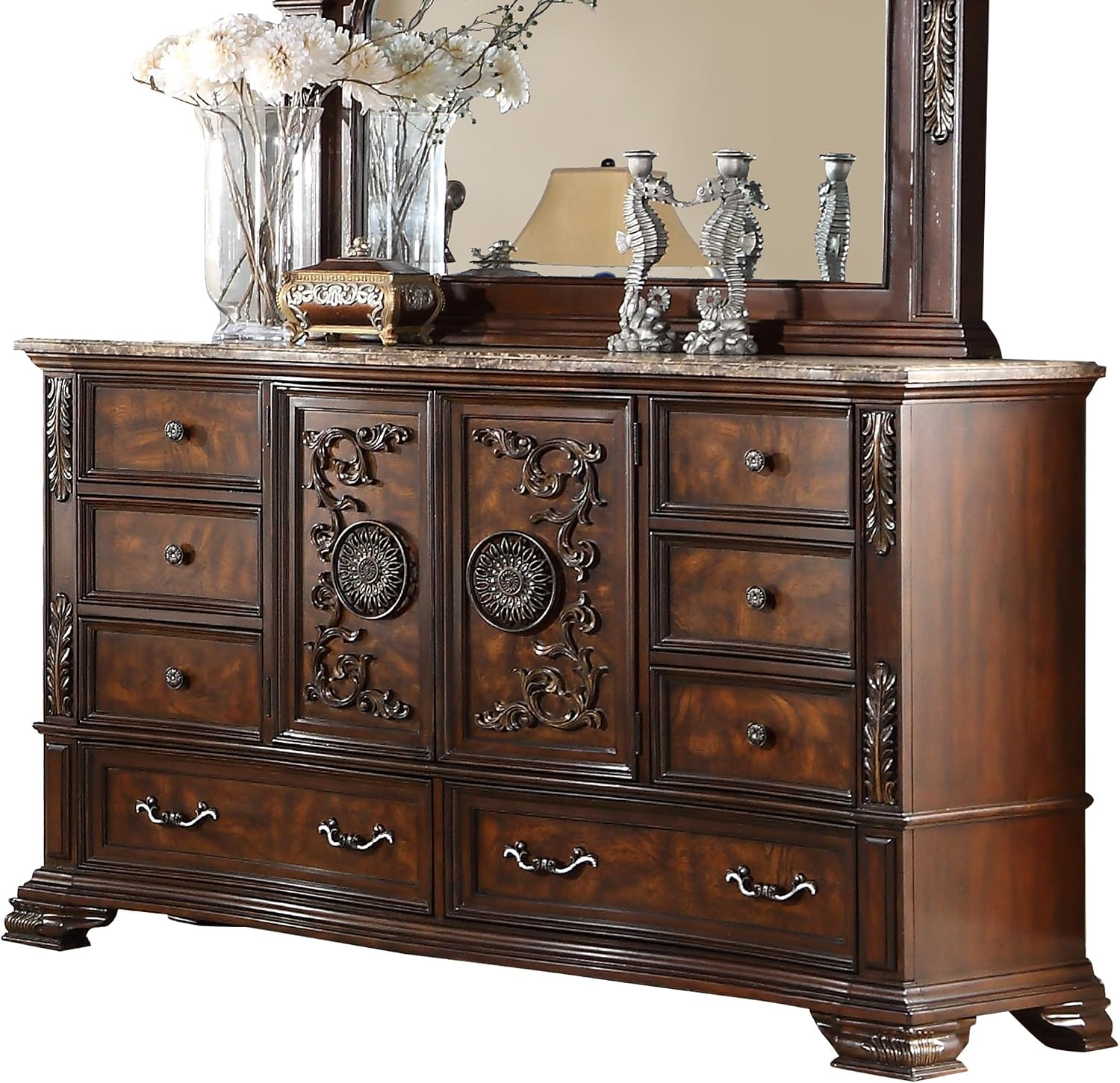 First of a Kind Santa Monica Traditional 5 Piece Queen Bedroom Set with Upholstered Tufted Headboard Elegant Classic Design Coordinated Furniture Collection, Cherry
