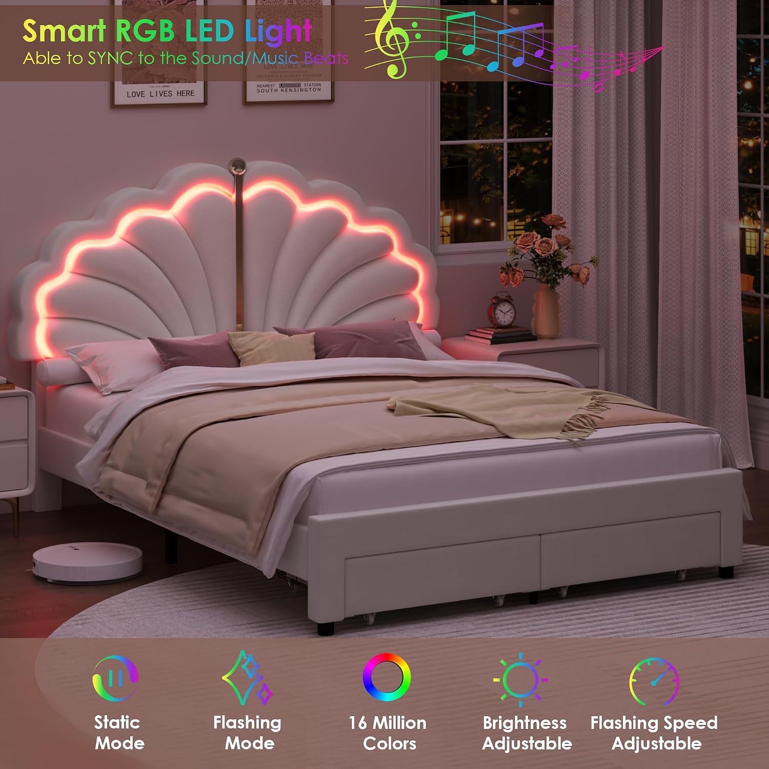 Keyluv Full Princess Bed Frame with Storage Drawers, Soft Velvet Upholstered LED Platform Bed with Adjustable Modern Shell Headboard, No Box Spring Needed, Noise-Free, Beige