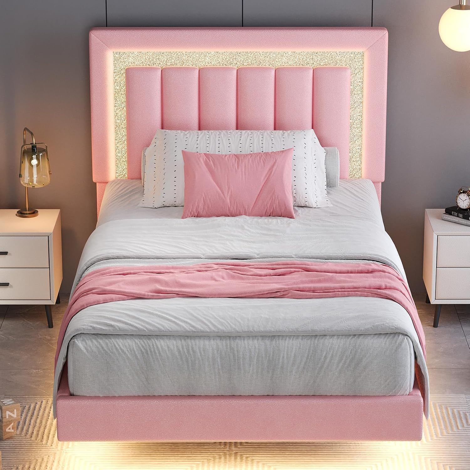 HOMBCK Floating Twin Bed Frame with LED Lights, Faux Leather Upholstered Bed Frame Twin with Diamond Headboard, No Box Spring Needed, Noise-Free, Easy Assembly, Pink