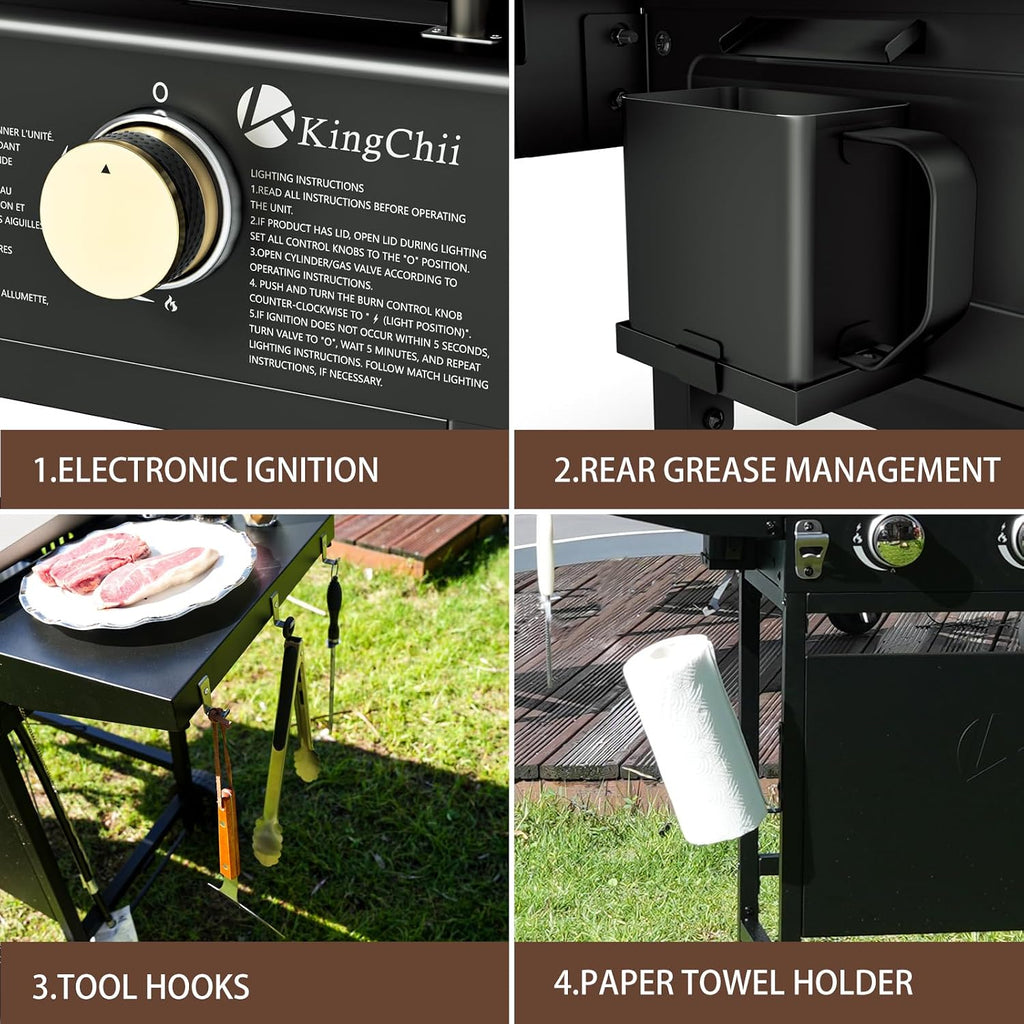 KingChii 28' 3-Burner Griddle with Counter Height Side Shelves, Powder Coated Steel, Black