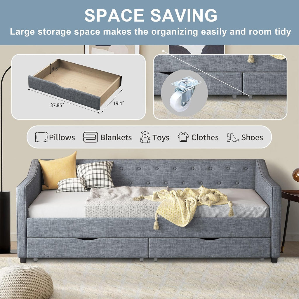 Ball & Cast Twin Size Daybed with Two Drawers and Linen Upholstered,Wood Bed Frame w/Button Tufted Back and Waved Shape Arms,Slats Support,for Apartment,Bedroom,Light Grey