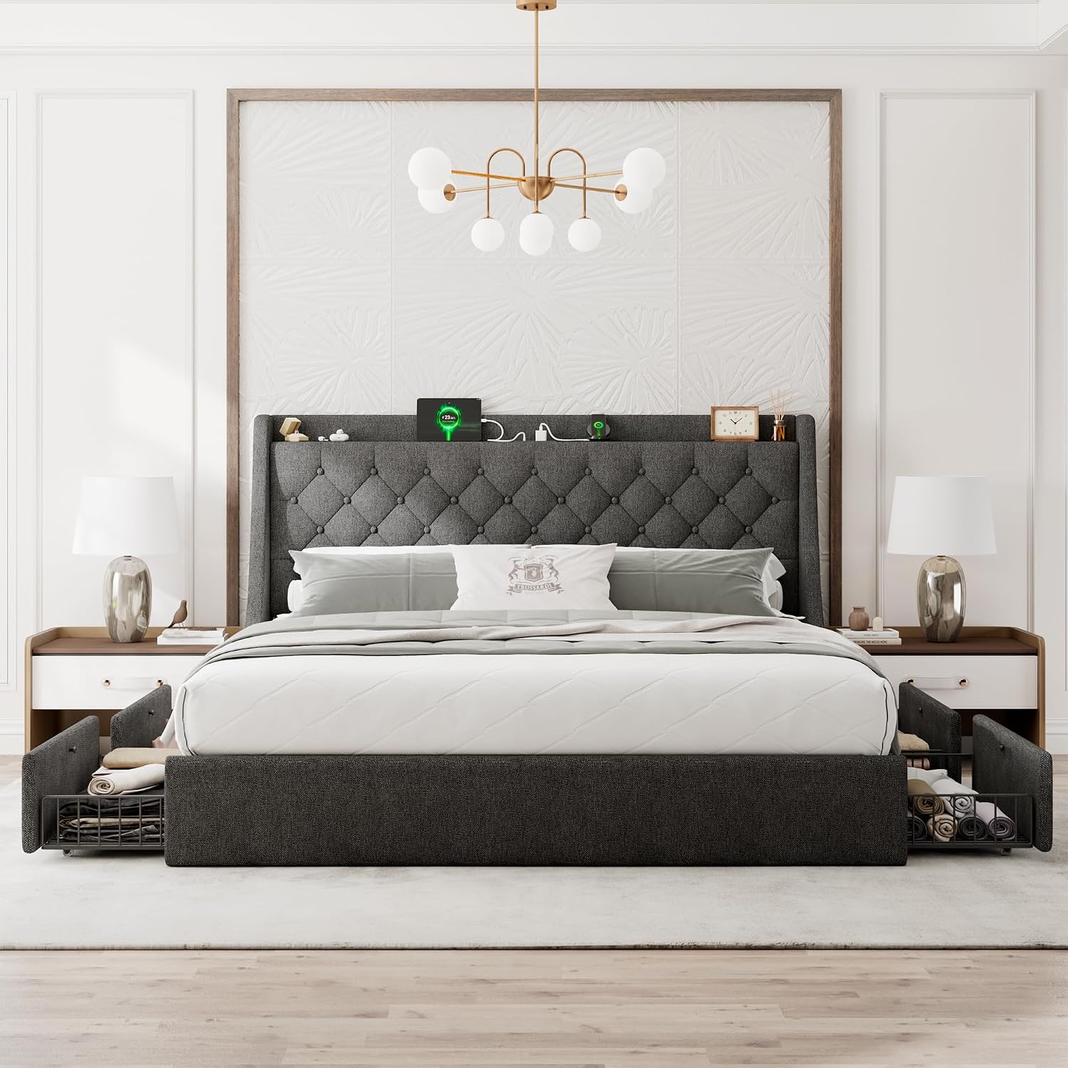 Einhomn Upholstered King Size Bed Frame with 4 Storage Drawers, Platform Bed Frame with Wingback Headboard, Charging Station, No Box Spring Needed, Dark Grey