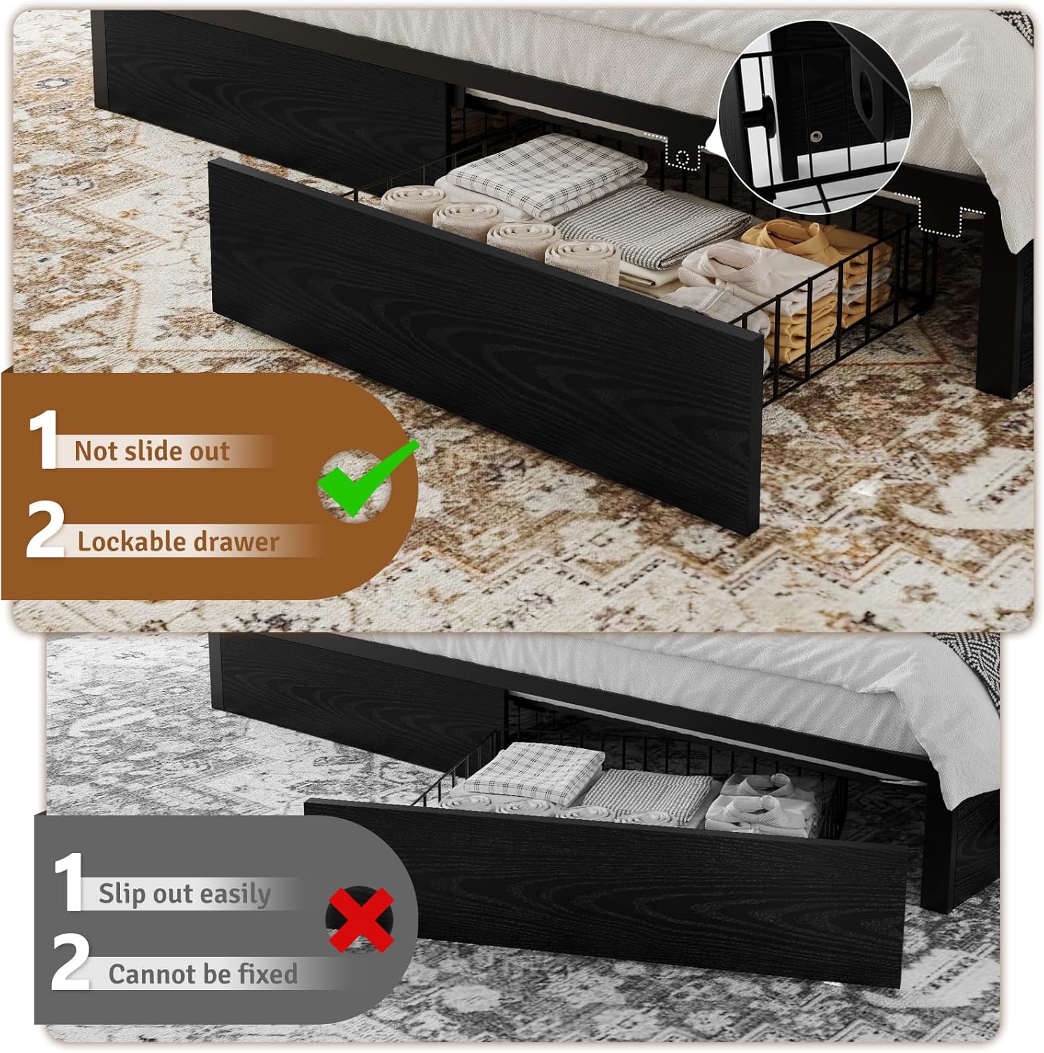 Belffin Queen Bed Frame with 6 Storage Drawers and Carving Headboard, Wooden Bed Frame with Charging Station and LED Lights, No Noise and Easy Assembly, No Box Spring Needed, Vintage Black