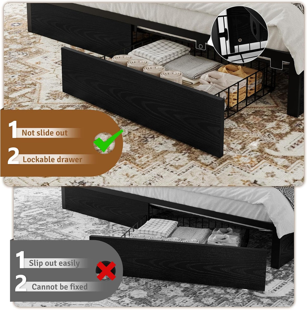 Belffin King Bed Frame with 6 Storage Drawers and Carving Headboard, Wooden Bed Frame with Charging Station and LED Lights, No Noise and Easy Assembly, No Box Spring Needed, Vintage Black