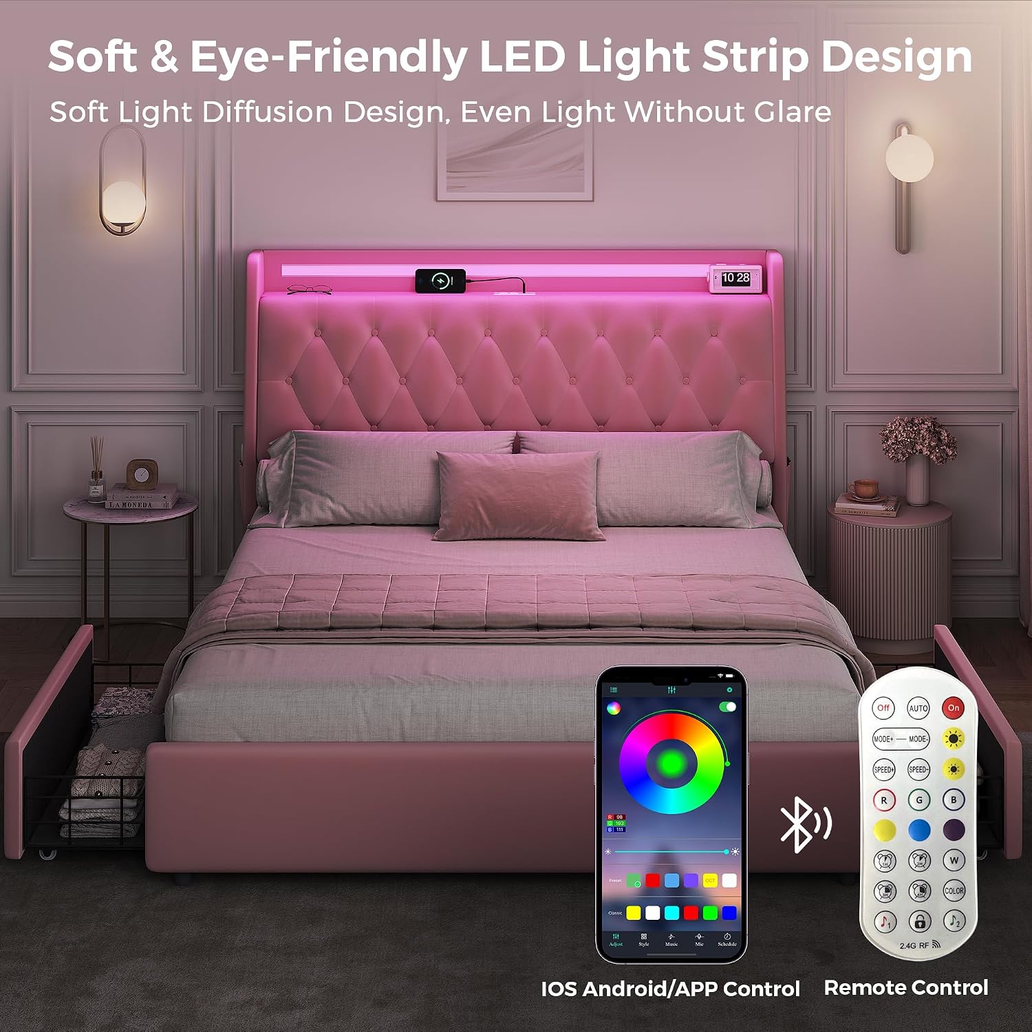 Full LED Velvet Bed Frame with 2 Storage Drawers&Hidden Headboard, Upholstered Platform Bed with Charging Station&Button Tufted Design, Wooden Slats Support, Box Spring Optional, Easy Assembly, Pink