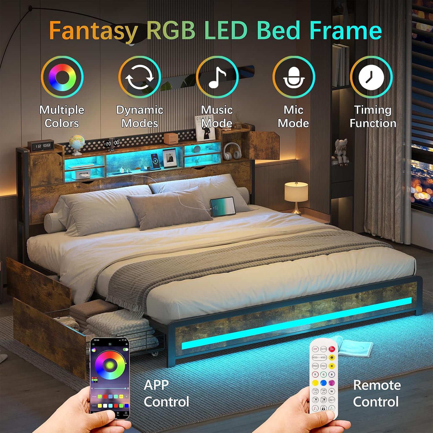 CSZZD King Size Bed Frame with Storage Drawers and Bookcase Headboard, Wooden Platform King Bed with LED Lights and Charging Station, Hidden Storage, No Box Spring Needed/Noise Free, Vintage Brown