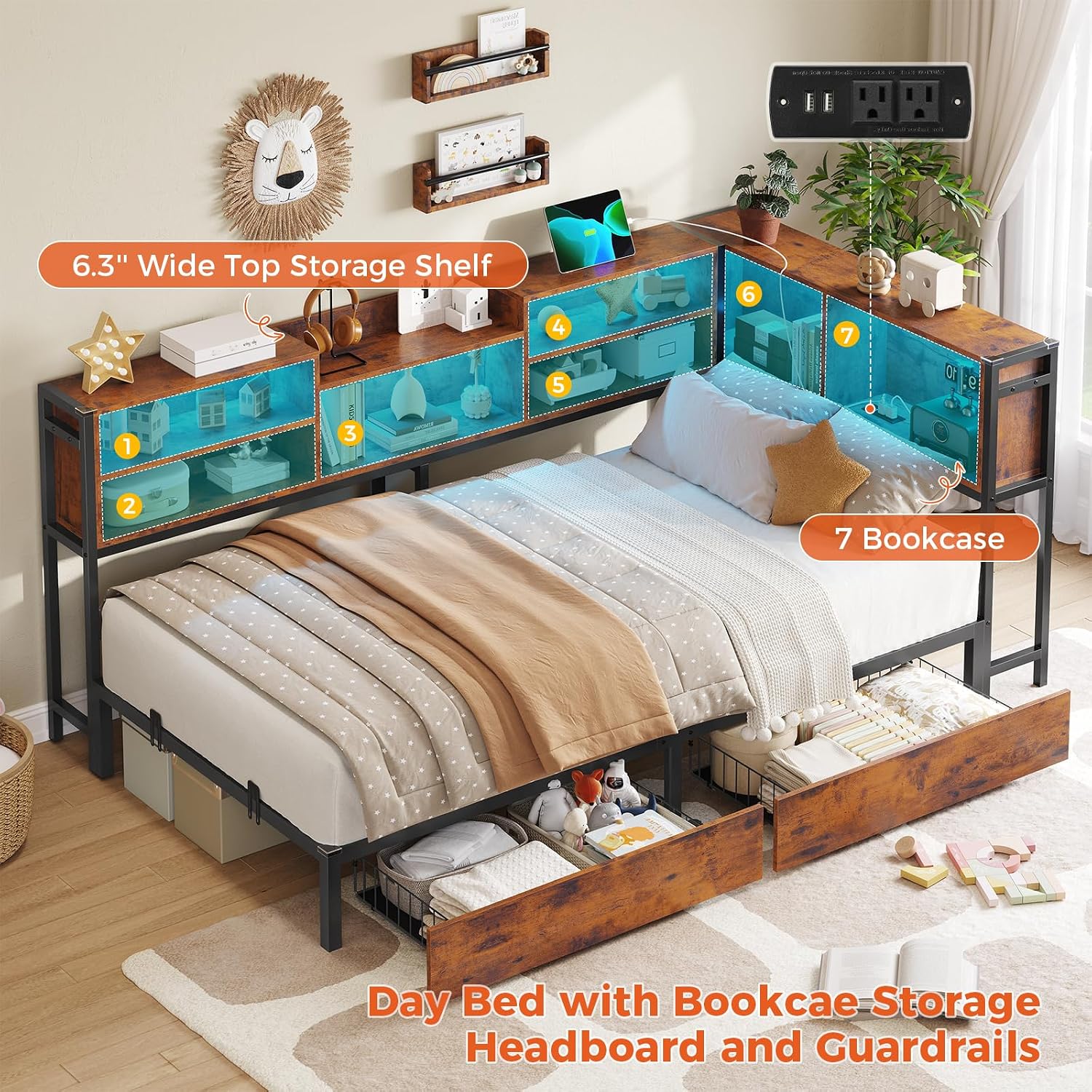 DICTAC Twin Corner Bed Frame with Bookcase Storage Headboard and Led Lights Twin Size Metal Platform Bed Frames with 2 Drawers and Charging Station,Twin Size Daybed with Storage for Kids Teen,Rustic