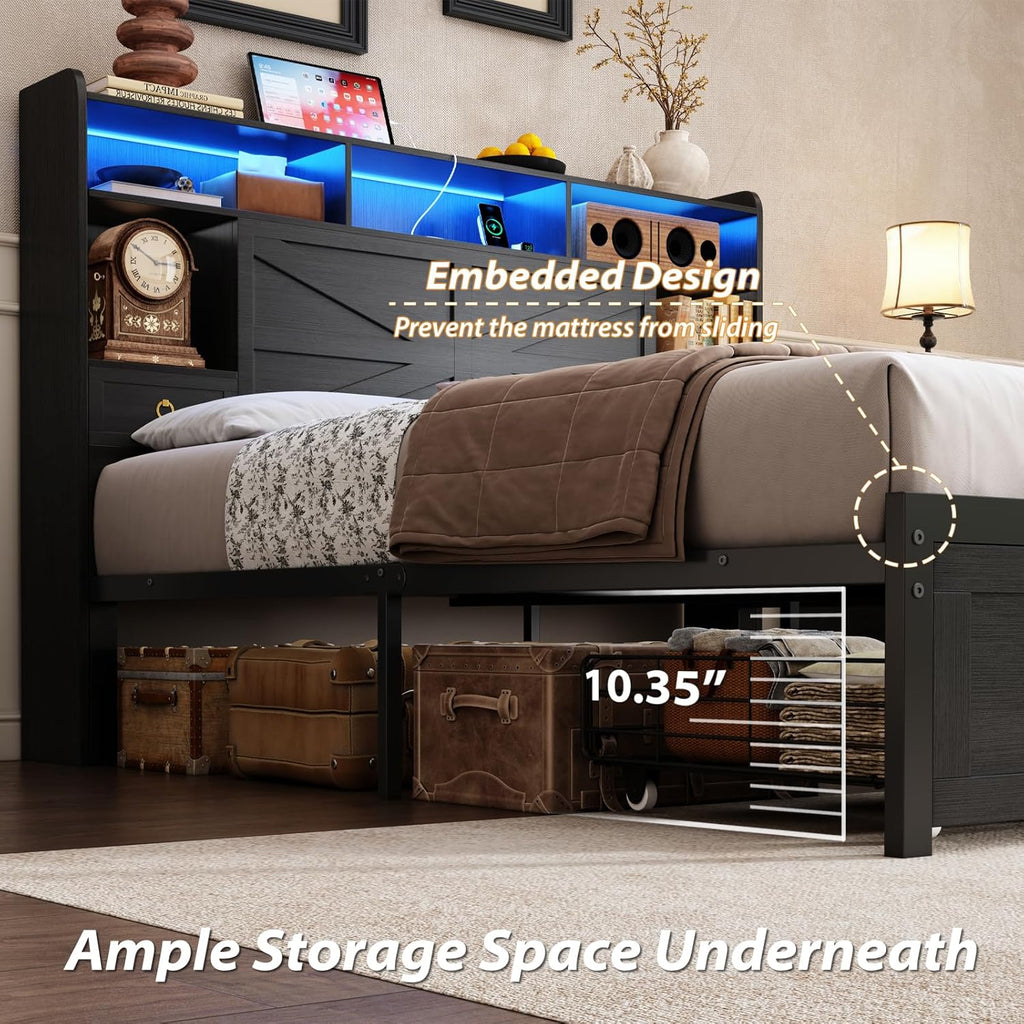 TIGUBFRE Queen Bed Frame with Storage Headboard, Farmhouse Wood Bed Frame Queen Size with 4 Drawers, LED Light & Charging Station, Metal Slats Support, Noise Free, No Box Spring Needed, Rustic Black