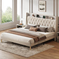 WLIVE King Size Upholstered Bed Frame with 48'' Tall Wingback Headboard, Velvet Square Tufted Platform Beds with Charging Station, Sturdy Metal & Wooden Slats Support, Beige