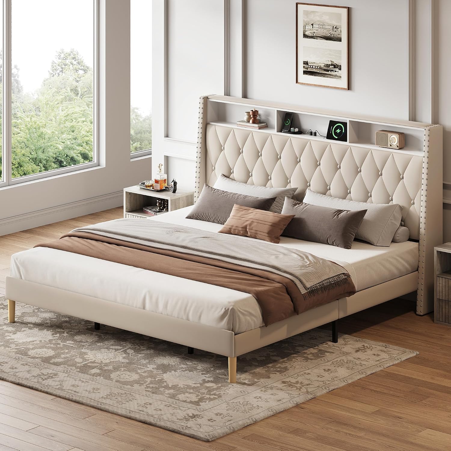 WLIVE King Size Upholstered Bed Frame with 48'' Tall Wingback Headboard, Velvet Square Tufted Platform Beds with Charging Station, Sturdy Metal & Wooden Slats Support, Beige