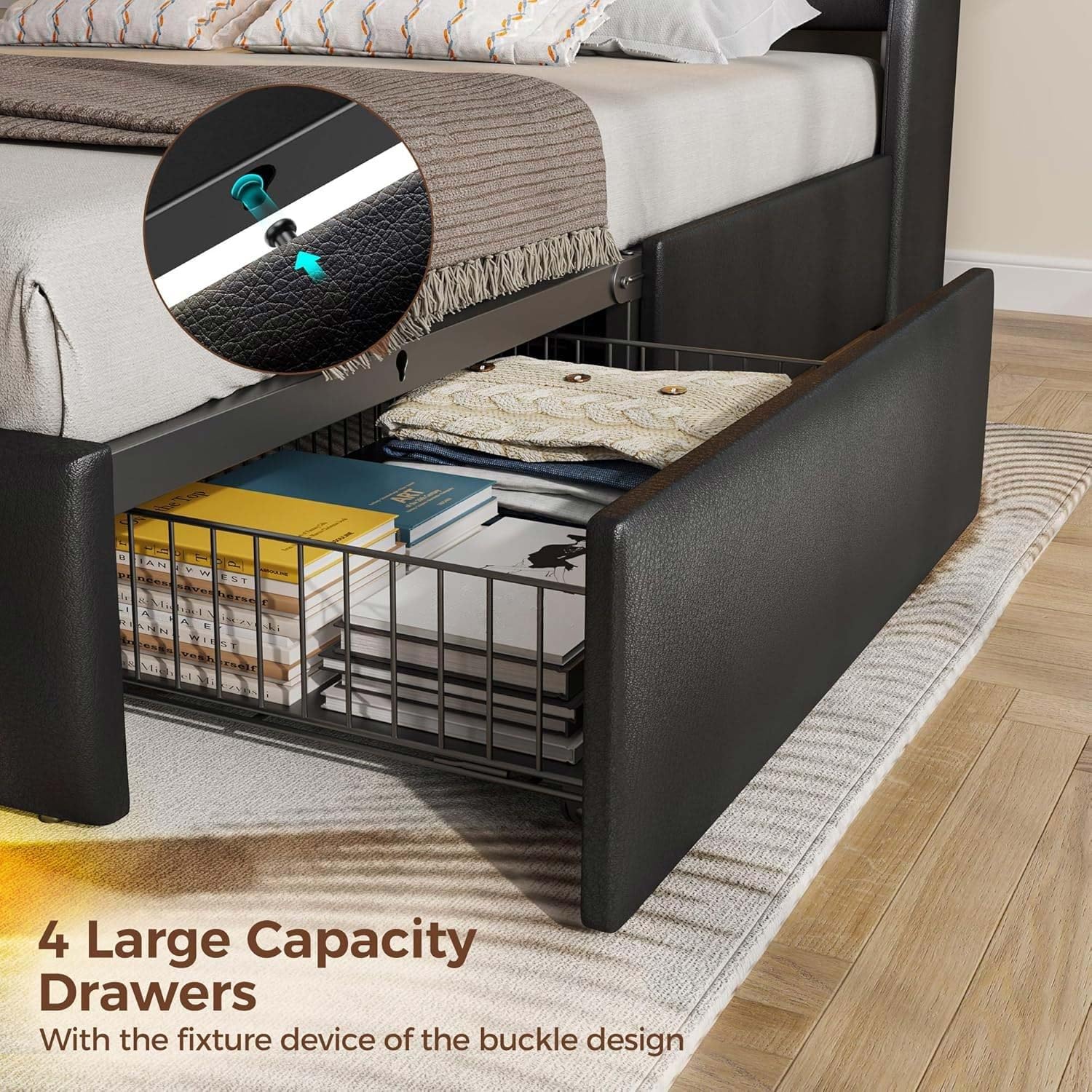 Rolanstar Queen Size Bed Frame with LED Lights and Charging Station, PU Leather Bed Storage Headboard & Drawers, Heavy Duty Wood Slats, Easy Assembly, Black