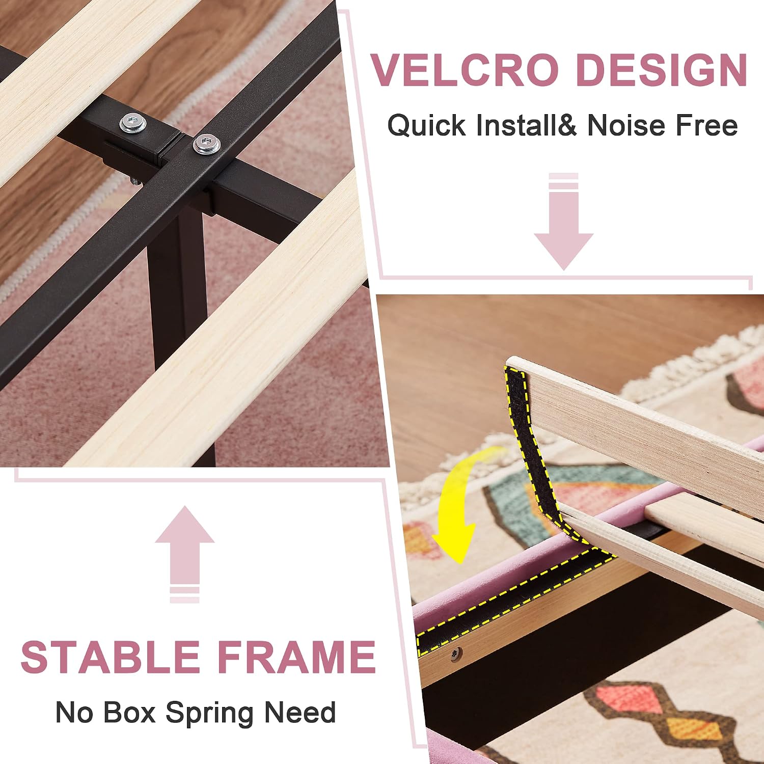 VECELO Twin Bed Frames, Upholstered Platform Bedframe, Adjustable Headboard, Wood Slat Support, No Box Spring Needed, Easy Assembly, Cherry Pink