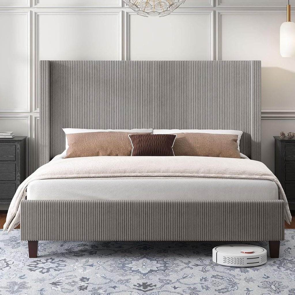 HOWE King Size Bed Frame with 50.8' Tall Wingback Headboard, Modern Corduroy Upholstered Platform Bed Frame with Solid Wood Slats & Legs, No Box Spring Needed, Noise-Reducing Design, Taupe