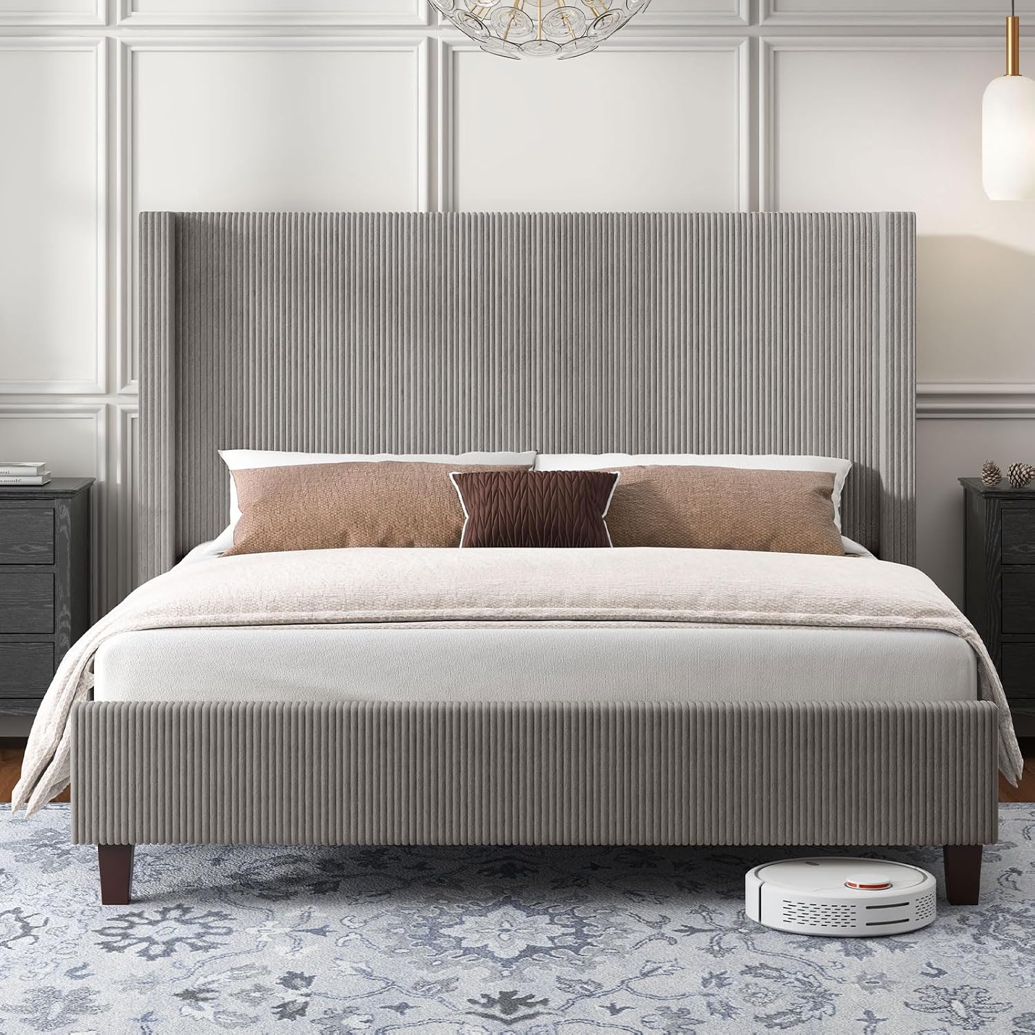 HOWE King Size Bed Frame with 50.8' Tall Wingback Headboard, Modern Corduroy Upholstered Platform Bed Frame with Solid Wood Slats & Legs, No Box Spring Needed, Noise-Reducing Design, Taupe