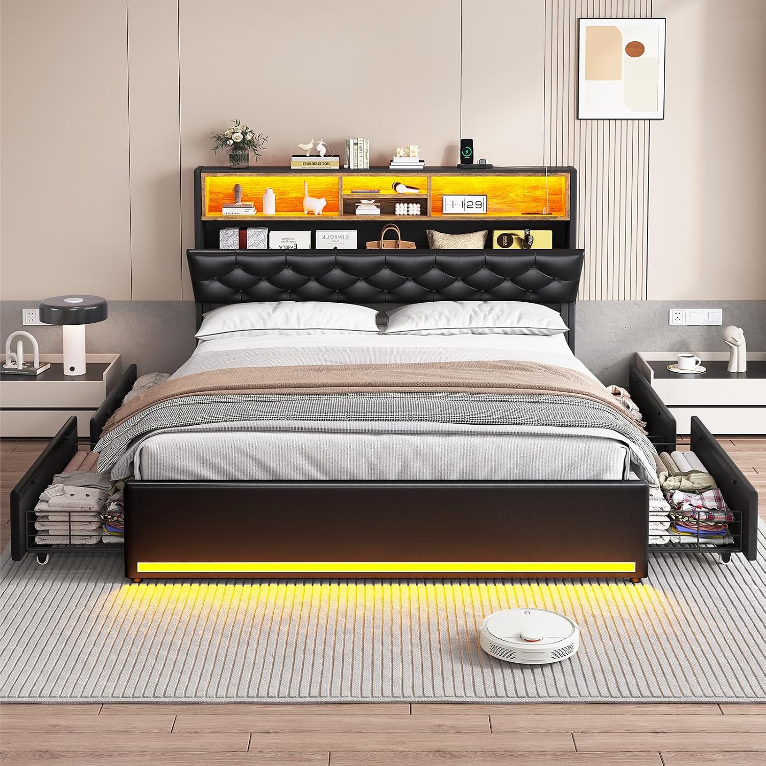 HAUOMS Queen Bed Frame with 3-Tier Headboard & Hidden Storage, Upholstered LED Bed Frame with 4 Drawers and Charging Station,Platform Metal Bed Frame with Storage, No Box Spring Needed, PU Black