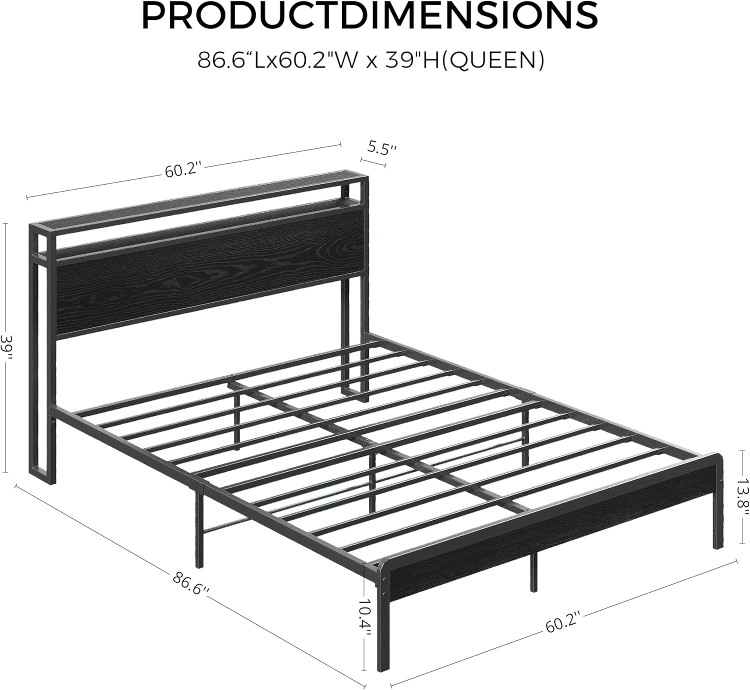 LIKIMIO Queen Bed Frame with Headboard, Dark Wood Camas Queen with Strong Supports, Sturdy, Noise-Free, No Box Spring Needed, Black