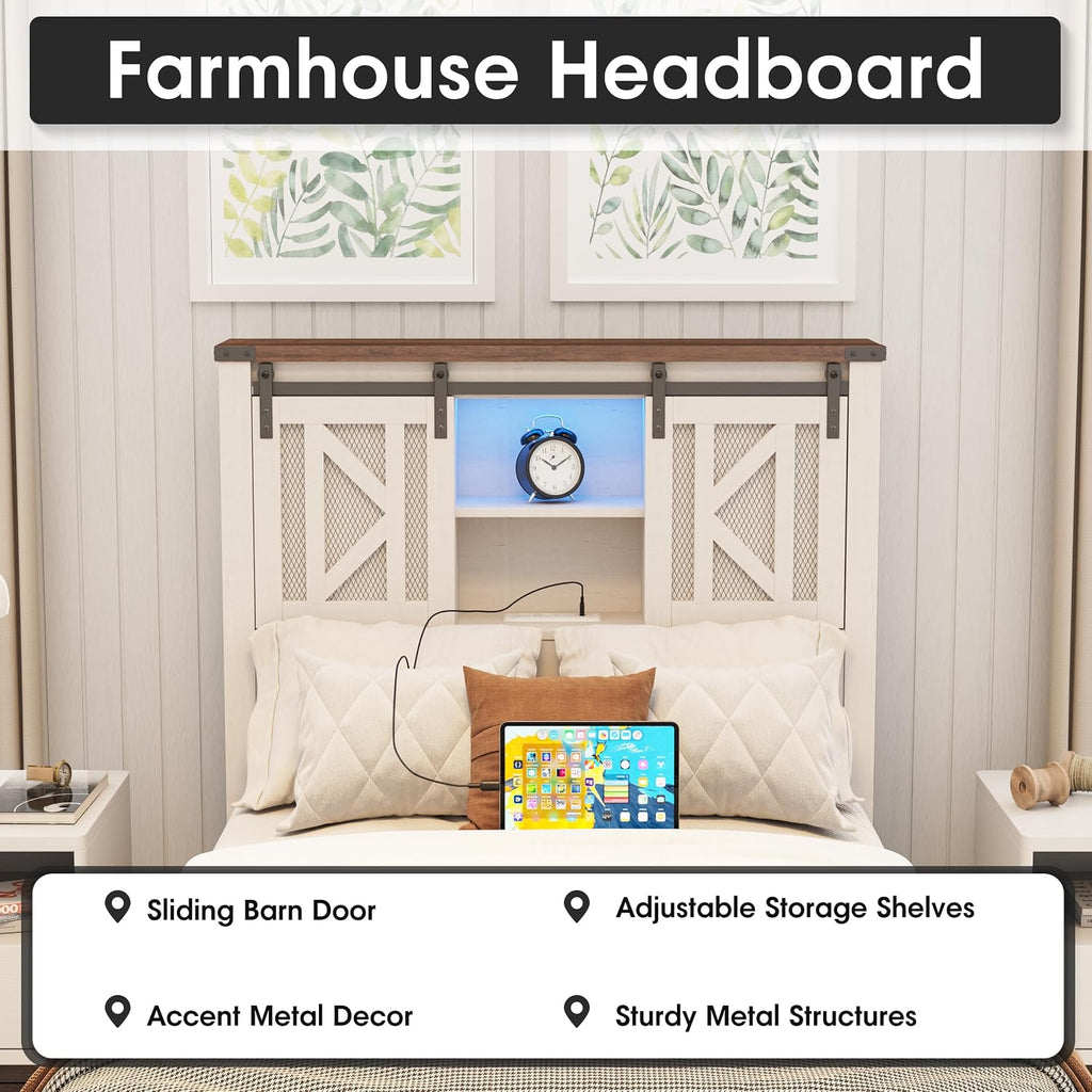Vabches Farmhouse Twin Size Bed Frame with Storage Bookcase Headboard, LED Lights and Charging Station, Sliding Barn Door and Adjustable Shelves, No Box Spring Needed, White