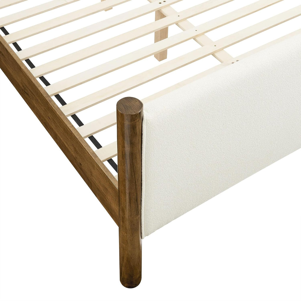 Modway Maven King Size Bed Frame in Feather Walnut with Upholstered Boucle Headboard and Footboard – Wood King Platform Bed Frame – No Box Spring Needed