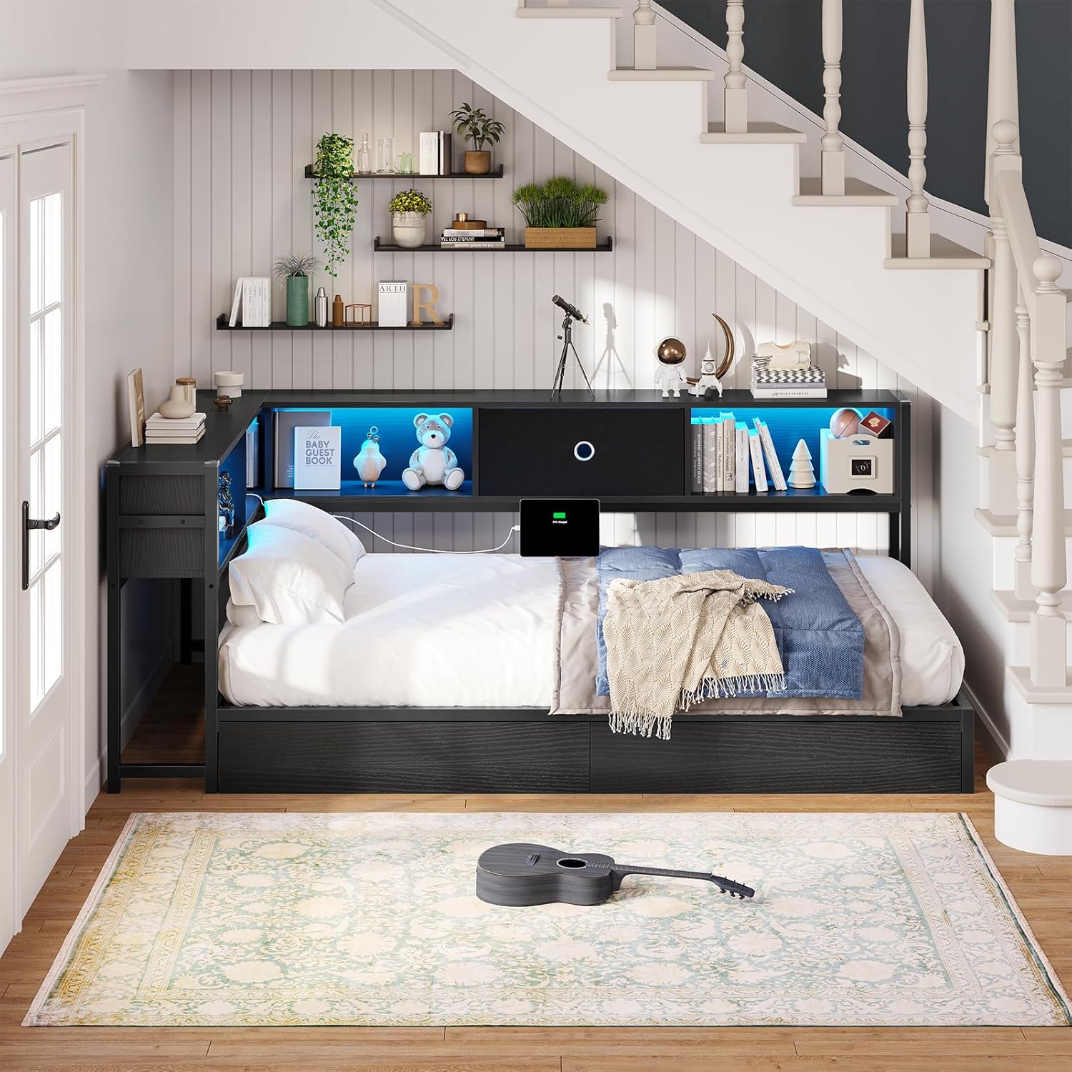 Hasuit Twin Corner Bed Frame with Storage Drawers and Bookcase Headboard, Twin Size Metal Platform Corner Bed Frame with Charging Station and LED Lights, Twin Daybed for Kids Teens Guests, Black