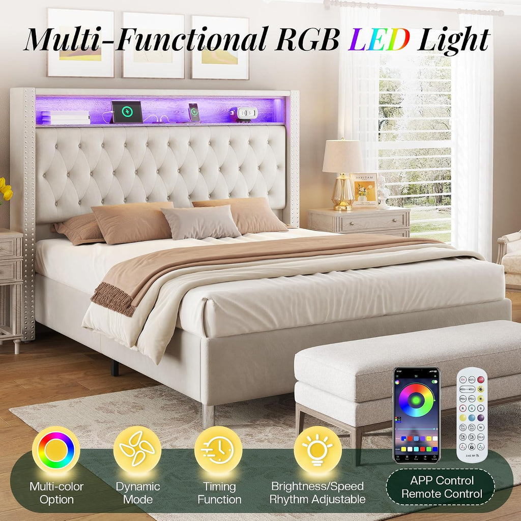 Jocisland 53.2'' Queen Size Bed Frame with Tall Storage Headboard, LED Lights & Charging Station, Velvet High Upholstered Button Tufted Wingback Platform Bed, No Box Spring Needed, Cream