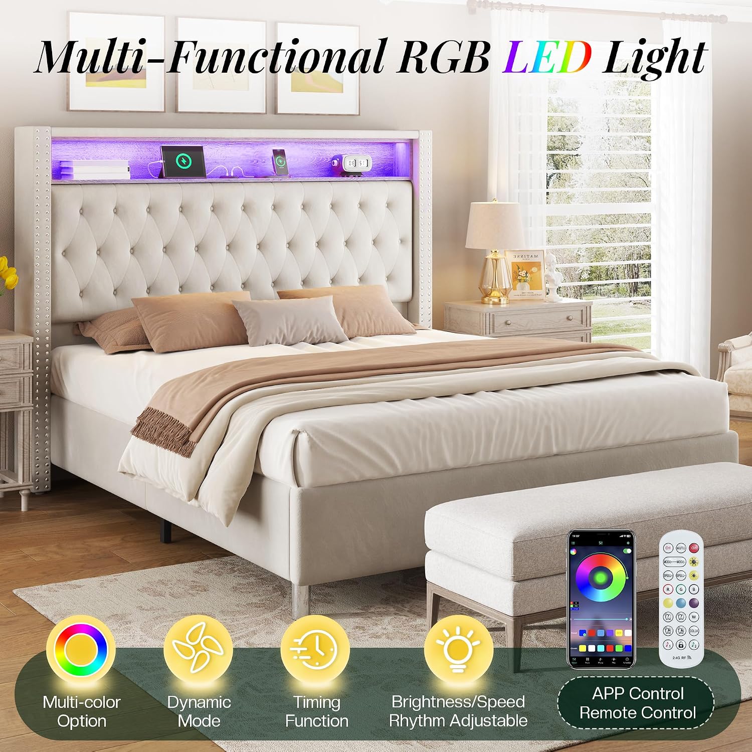 Jocisland 53.2'' Queen Size Bed Frame with Tall Storage Headboard, LED Lights & Charging Station, Velvet High Upholstered Button Tufted Wingback Platform Bed, No Box Spring Needed, Cream