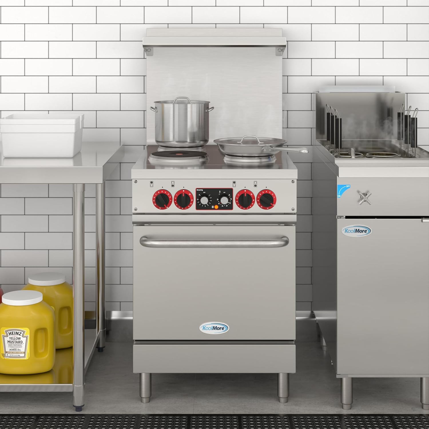 KoolMore 24 in. Commercial Electric Range with 4 Burners and 1 Standard Electric Oven in Stainless Steel - 208V 3-Phase, CSA Listed (KM-CR24-E)