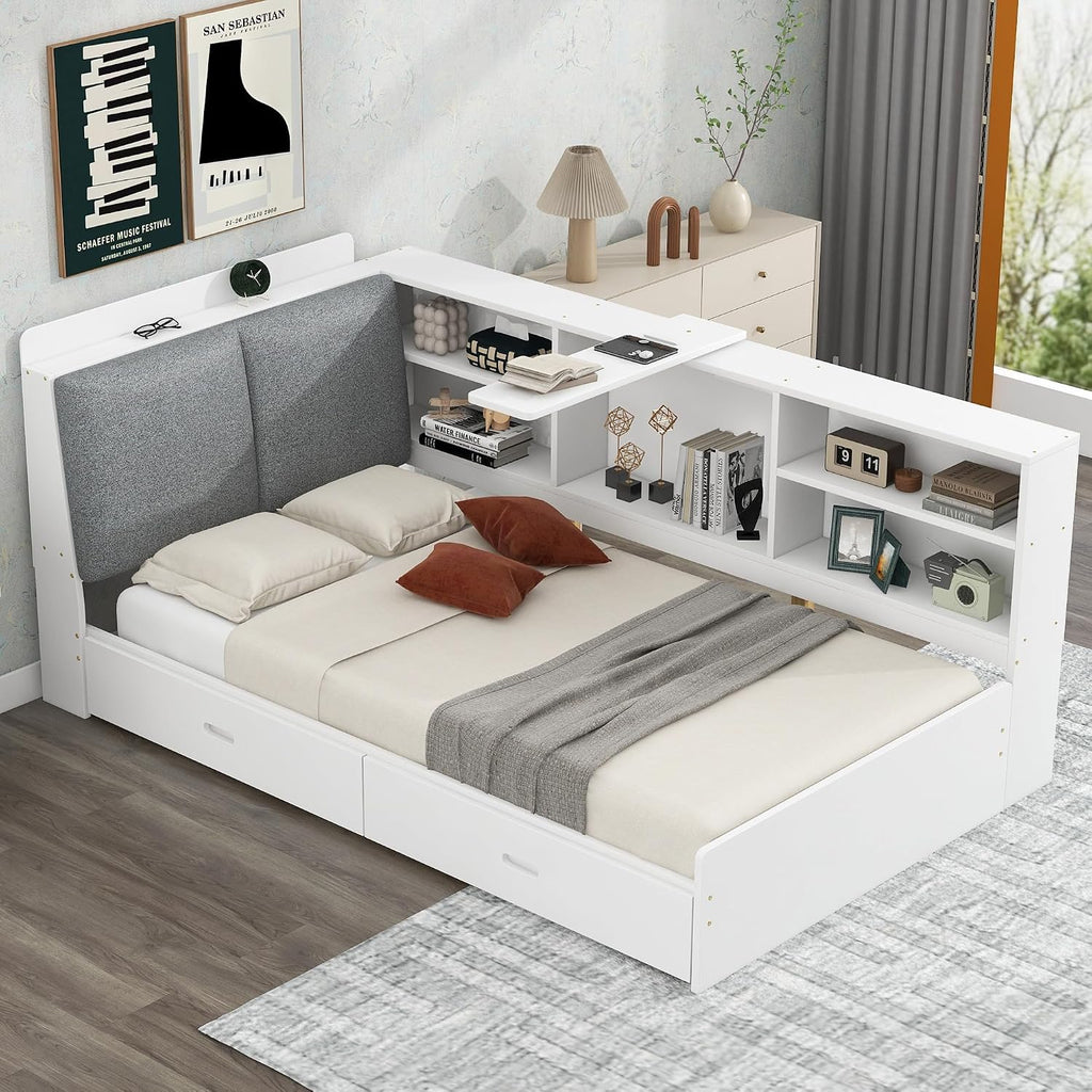 Harper & Bright Designs Twin Size Daybed with 2 Storage Drawers and Bookcase,Wood L Shaped Twin Platform Bed Frame with Shelves, Twin Sofa Bed Frame with Slats Support, No Box Spring Needed, White
