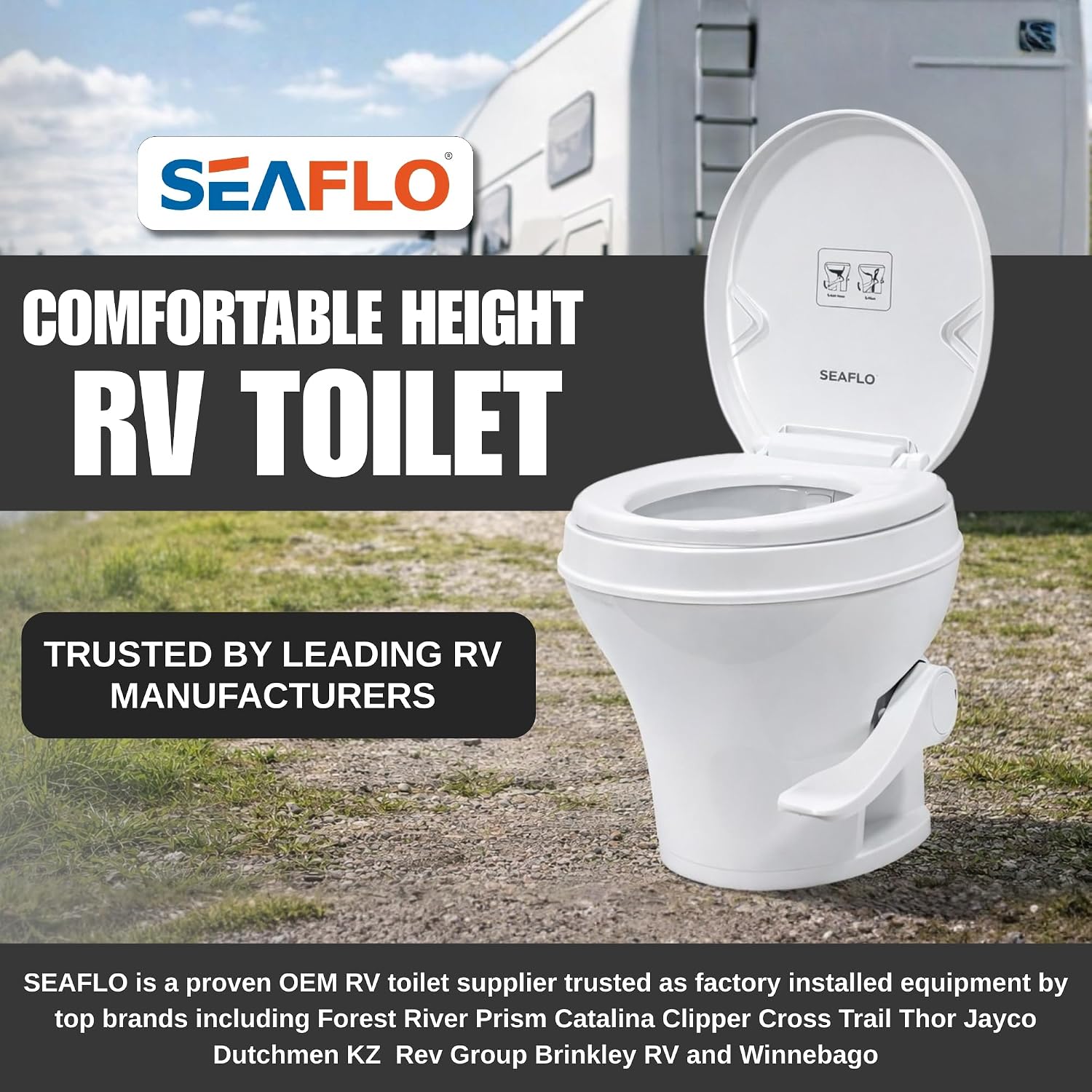 SEAFLO RV Toilet, Residential Height 18.4', Gravity Flush Foot Pedal, Soft Close Seat, Camper Toilet for RV Motorhome Travel Trailer, White, SFRTPH-01-01, 4-Year Warranty