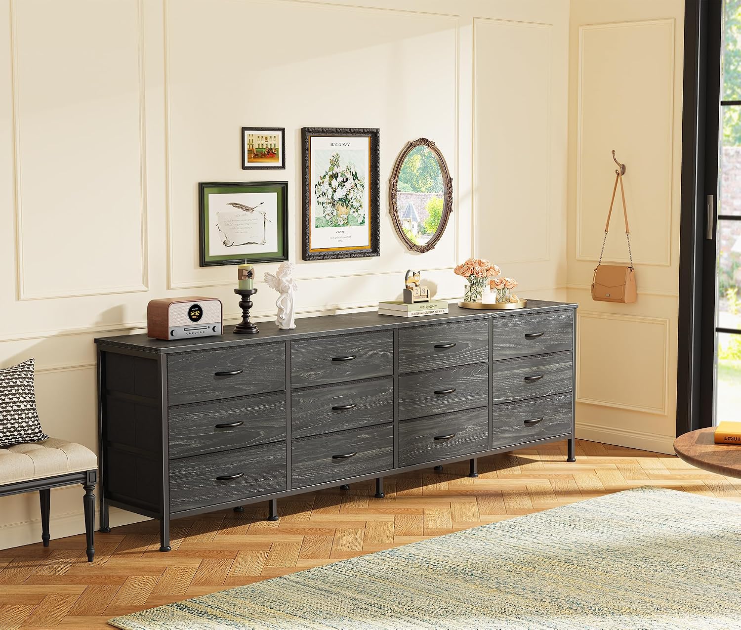 Huuger 70 Inch Dresser for Bedroom, TV Stand for 65, 75, 80 Inch TV,12 Fabric Drawer Long Dresser, Large Storage Organizer Unit, Chest of Drawer for Bedroom, Charcoal Black Wood Grain Print