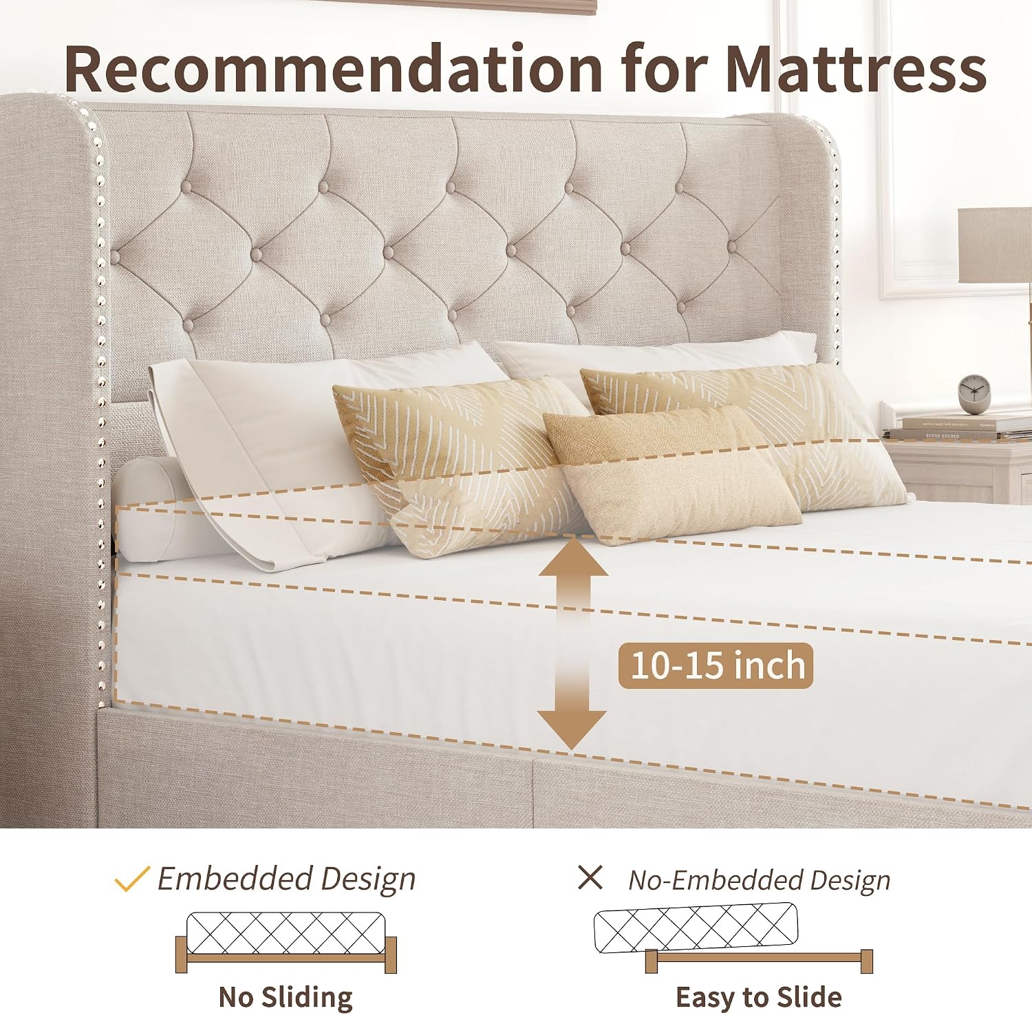 BRELTAM Full Size Bed Frame with Storage Drawers and Wingback Headboard Linen Upholstered Platform Bed Frame Tufted Beds with Heavy Duty Wood Slats, Noise Free, Easy Assembly, Beige