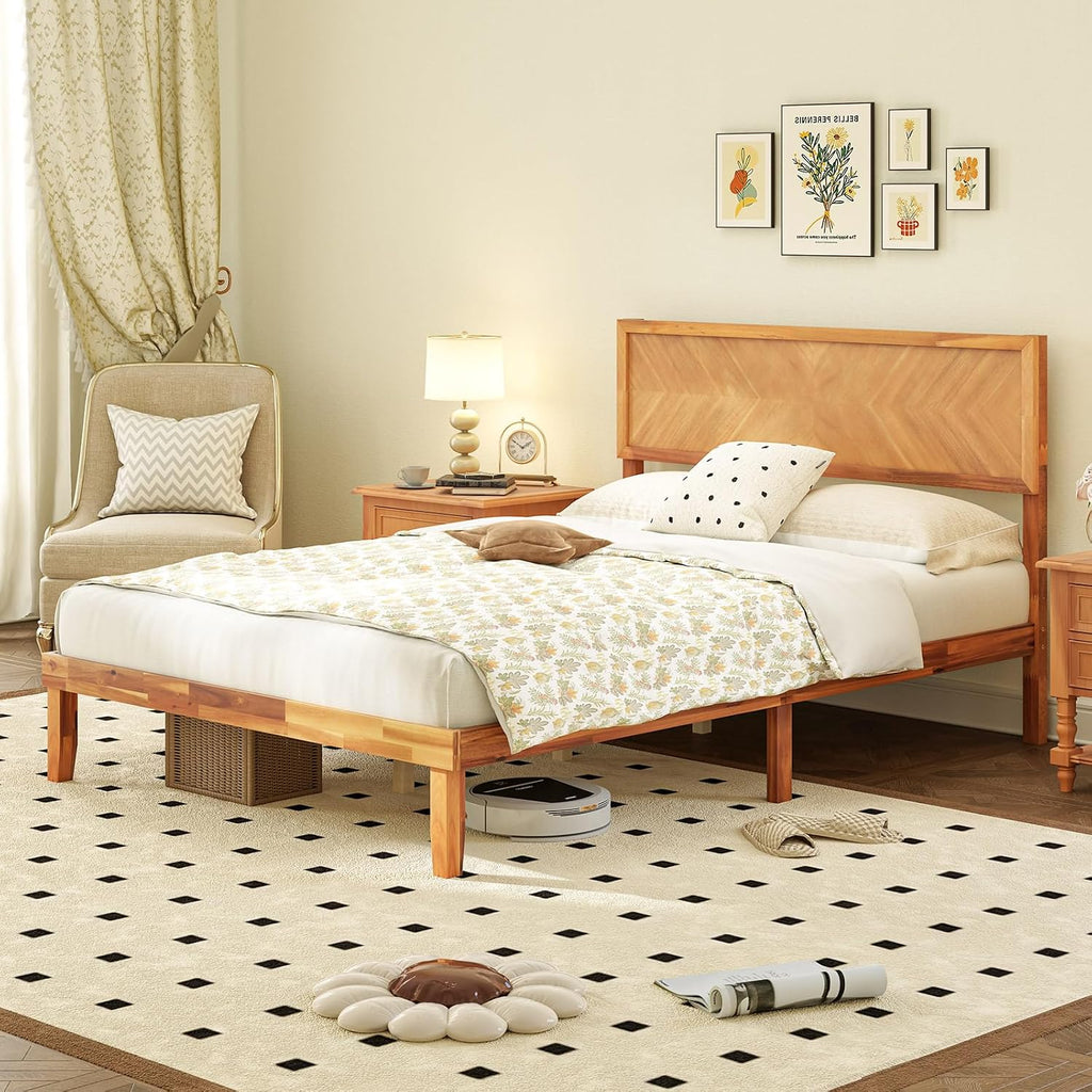 Giantex Wood Full Size Bed Frame with Headboard, Solid Acacia Wood Platform Bed with 12 Strong Wooden Slat Support, Scandinavian Style Art Deco Full Bed Frame, No Box Spring Needed, Rustic Brown