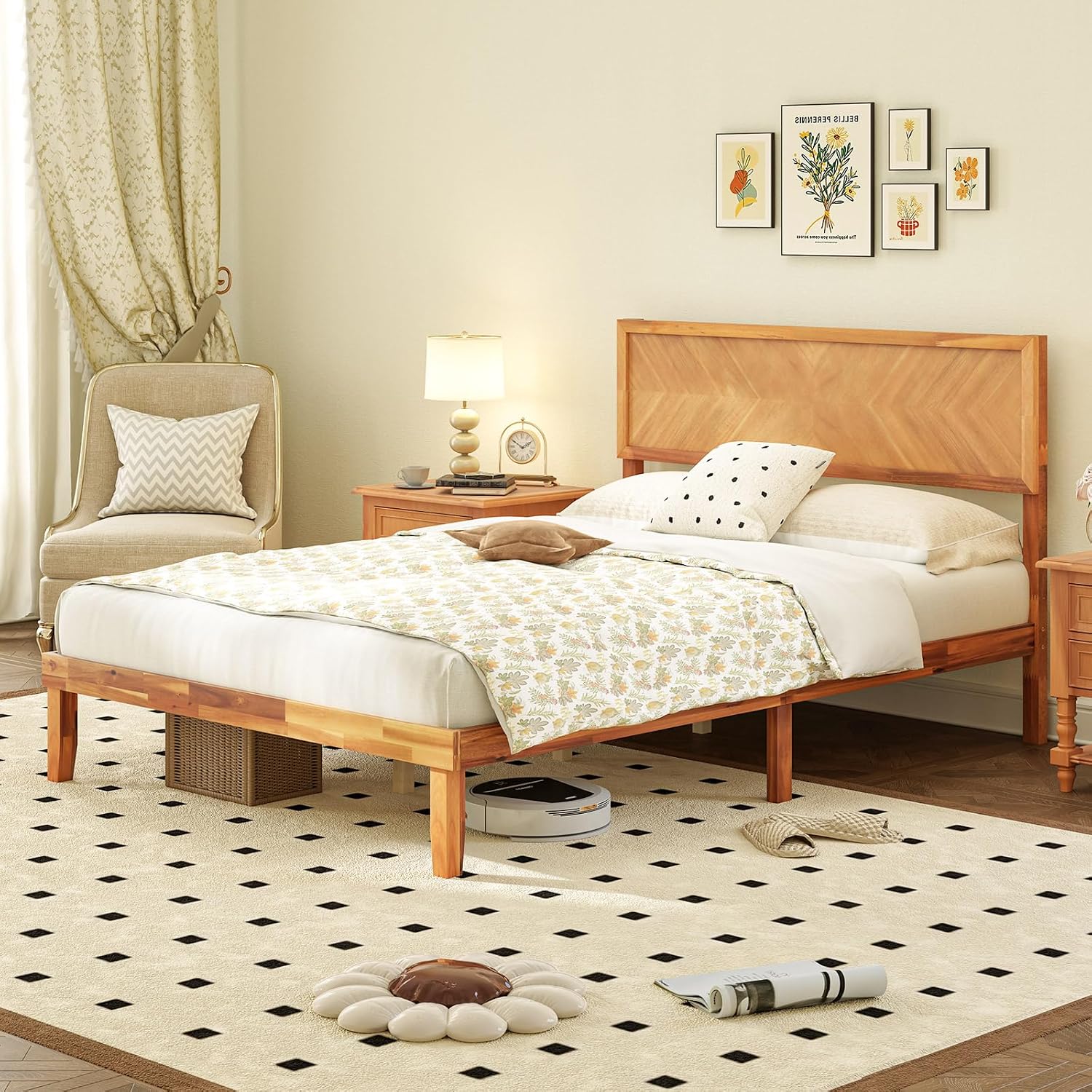 Giantex Wood Full Size Bed Frame with Headboard, Solid Acacia Wood Platform Bed with 12 Strong Wooden Slat Support, Scandinavian Style Art Deco Full Bed Frame, No Box Spring Needed, Rustic Brown