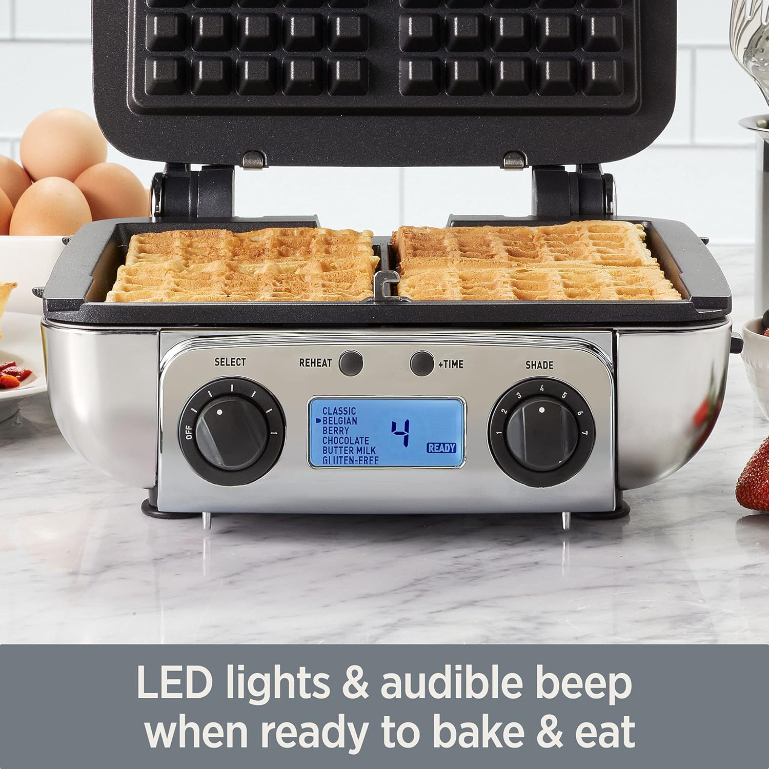 All-Clad Electric Stainless Steel Waffle Maker 4 slice, Digital screen and audible beep alert 7 Browning Levels, Square, Belgium Waffle, Removable Plates, Dishwasher Safe Silver