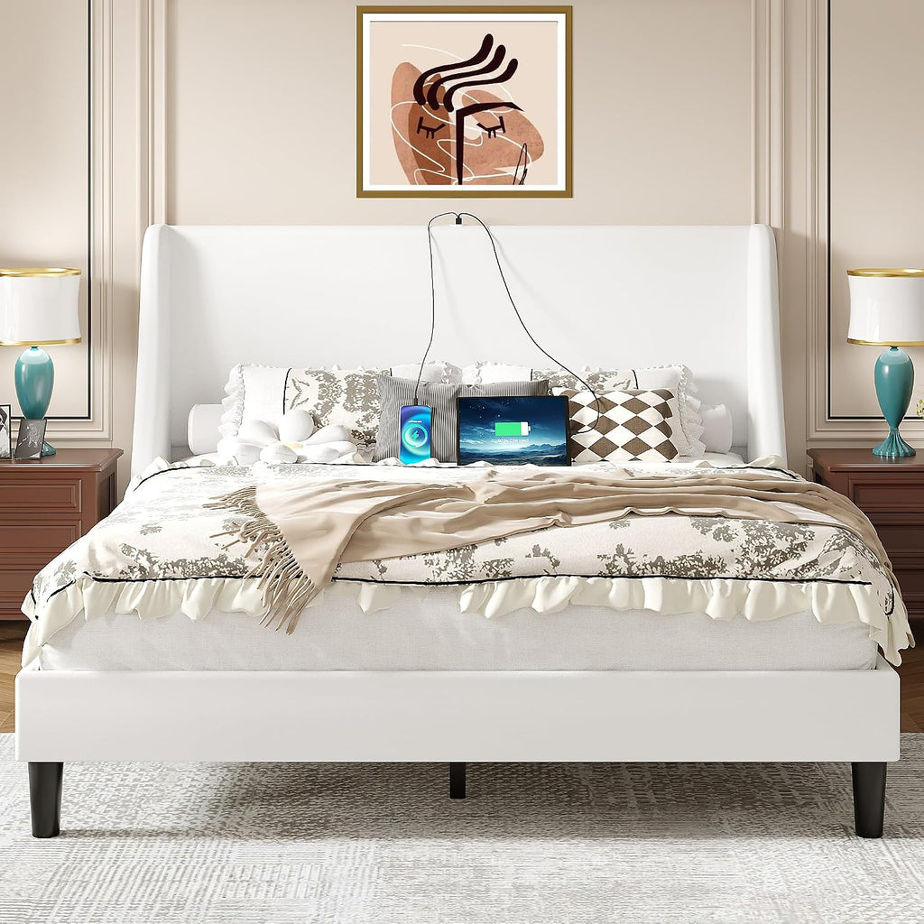 VECELO Queen Bed Frame with Upholstered Wingback Headboard, Heavy-Duty Platform Bedframe with Charging Station, Wooden Slats, No Box Spring Needed, White