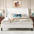 VECELO Queen Bed Frame with Upholstered Wingback Headboard, Heavy-Duty Platform Bedframe with Charging Station, Wooden Slats, No Box Spring Needed, White