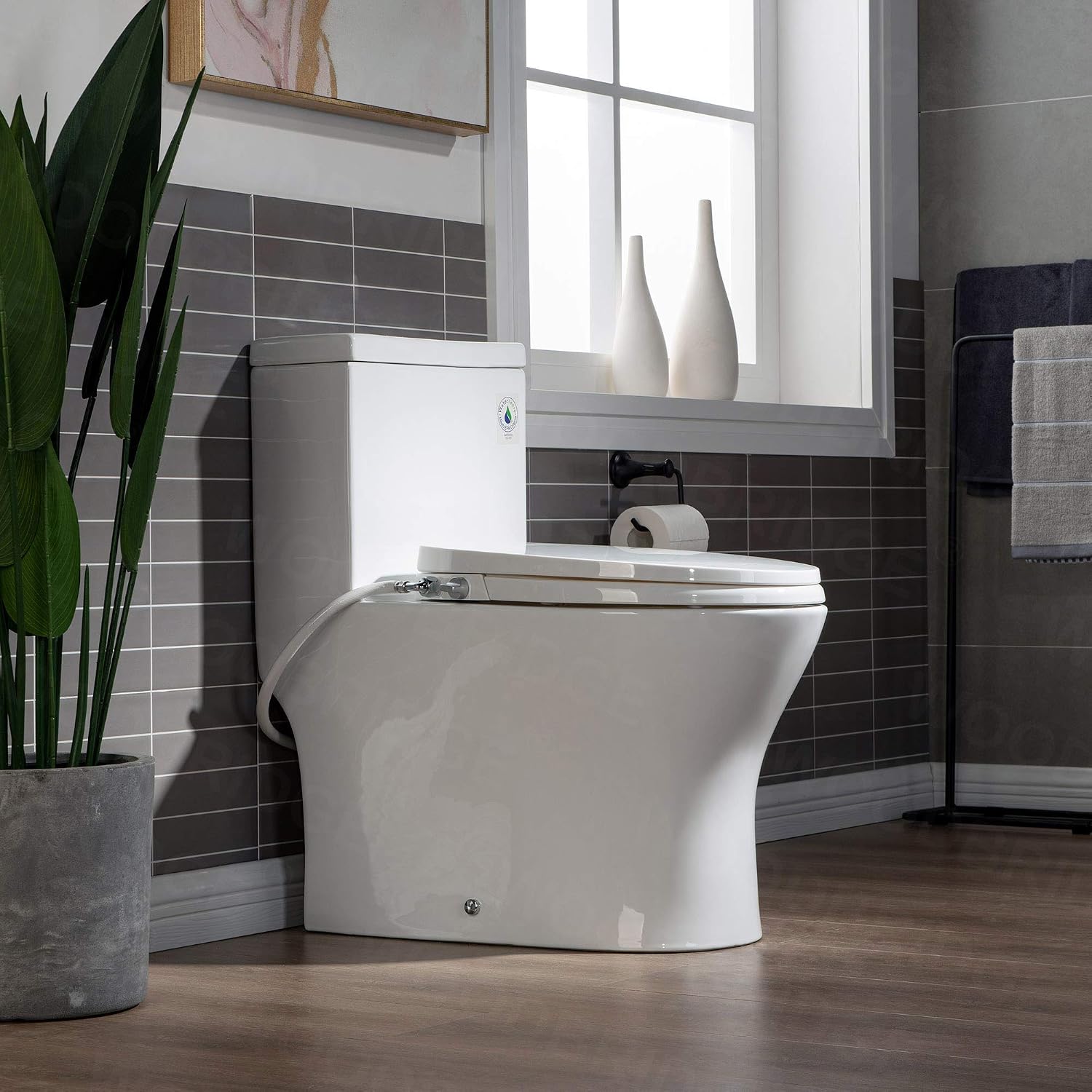 WOODBRIDGE T-0045 Modern One Piece Elongated High Effiency Toilet with Manual Operated Soft-Closed Bidet Seat, White