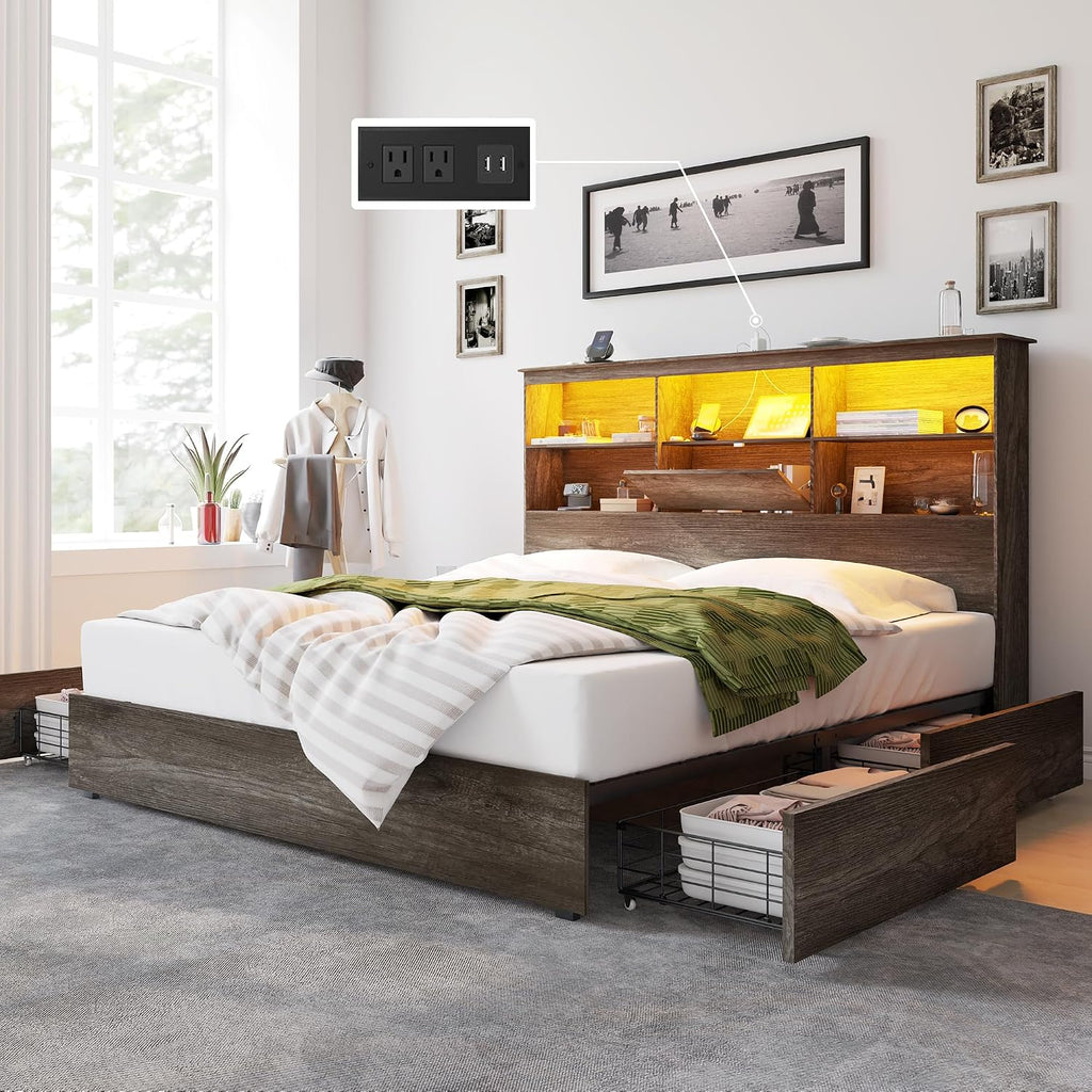 AMERLIFE King Size Bed Frame Wooden Platform Bed with 51.2' Storage LED Bookcase Headboard, 4 Storage Drawers & Charging Station/No Box Spring Needed/Noise Free/Rustic Grey