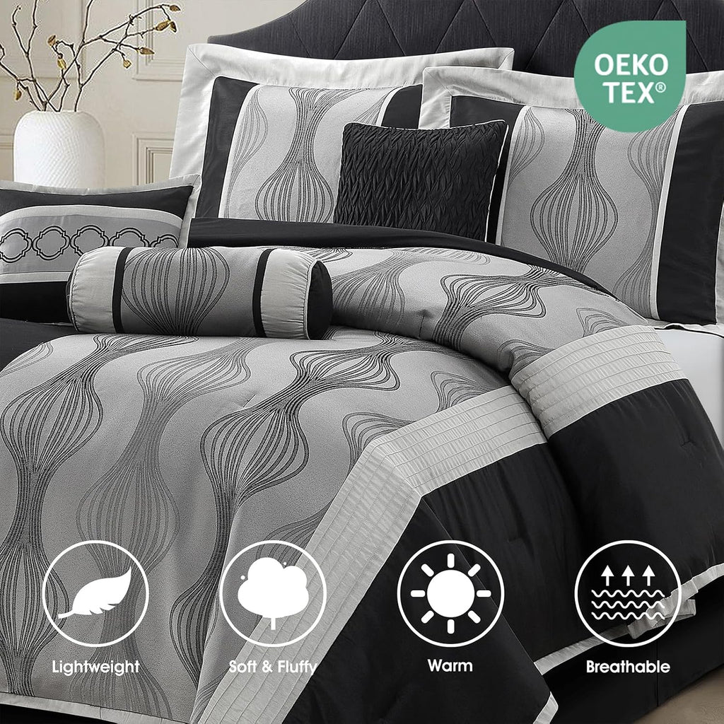 LANCO MODERN LIFESTYLE King Comforter Set, Black Silver, 7 Pieces Bed in a Bag, Ultra Soft Jacquard with Solid Piecework, Luxury Bed Set with Comforters, Bed Skirt, Pillow Shams and Decorative Pillows