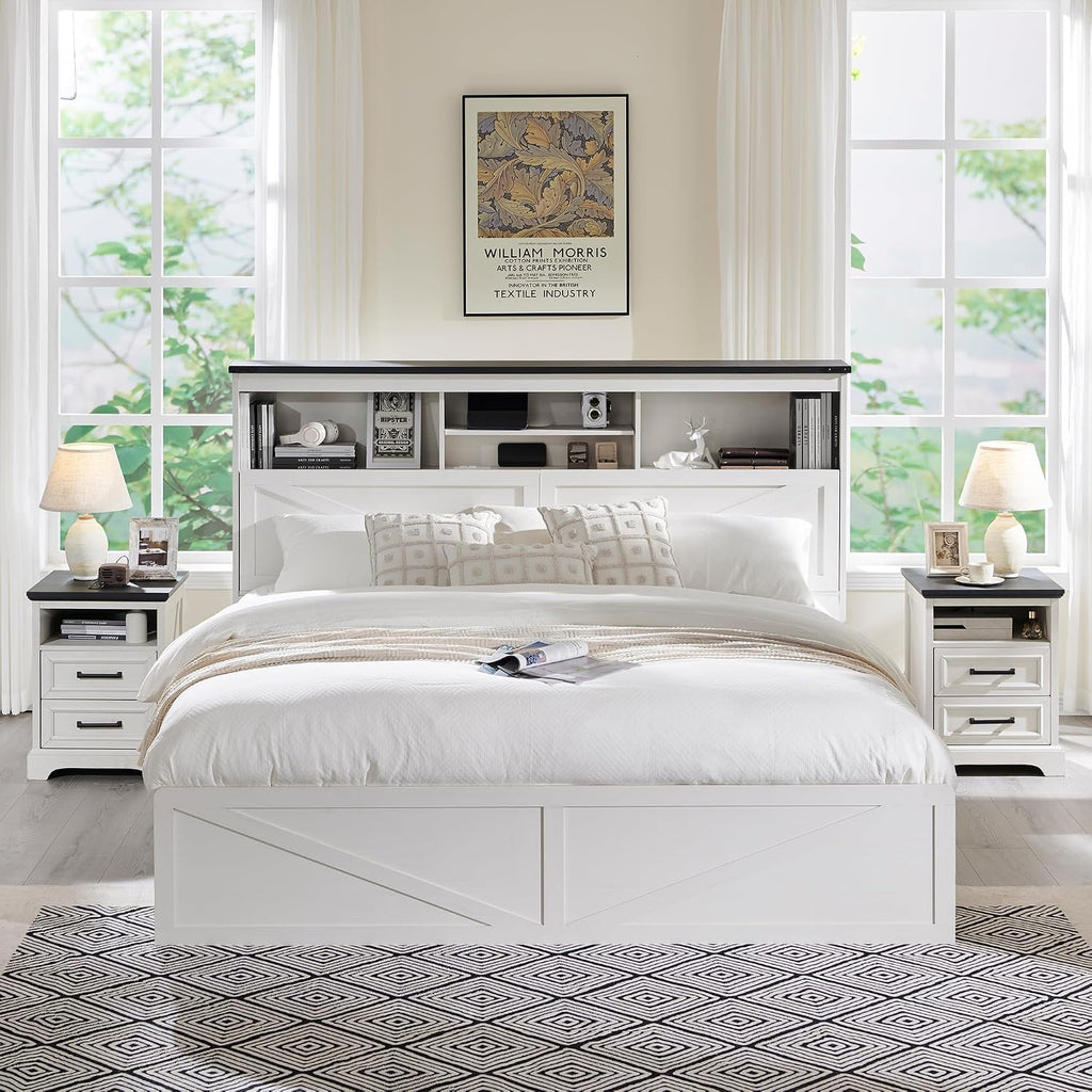 ACCOHOHO Farmhouse King Size Bed Frame with 52' High Storage Bookcase Headboard and 4 Drawers,Wooden Bed Frame with LED Light and Charging Station,White