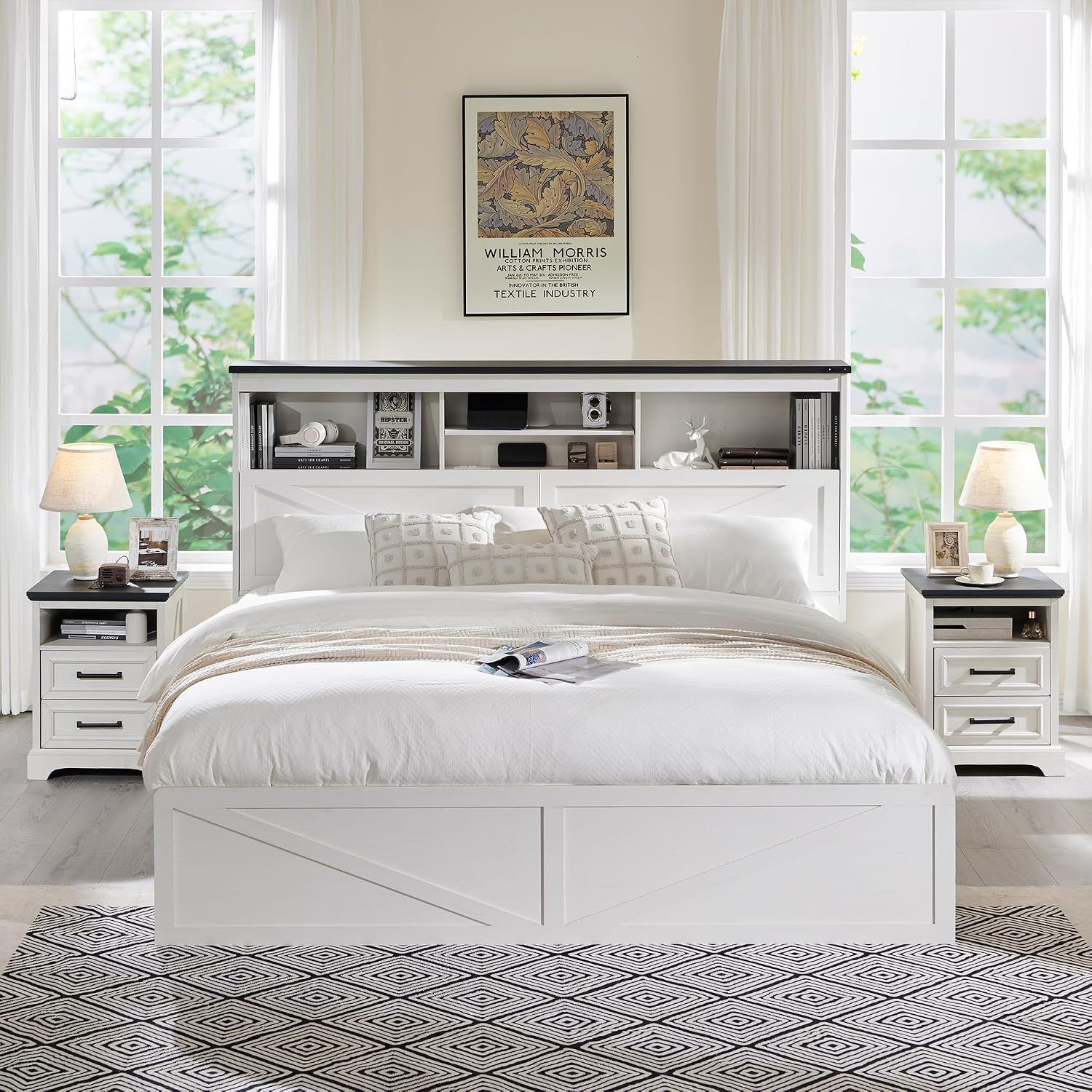 ACCOHOHO Farmhouse King Size Bed Frame with 52' High Storage Bookcase Headboard and 4 Drawers,Wooden Bed Frame with LED Light and Charging Station,White