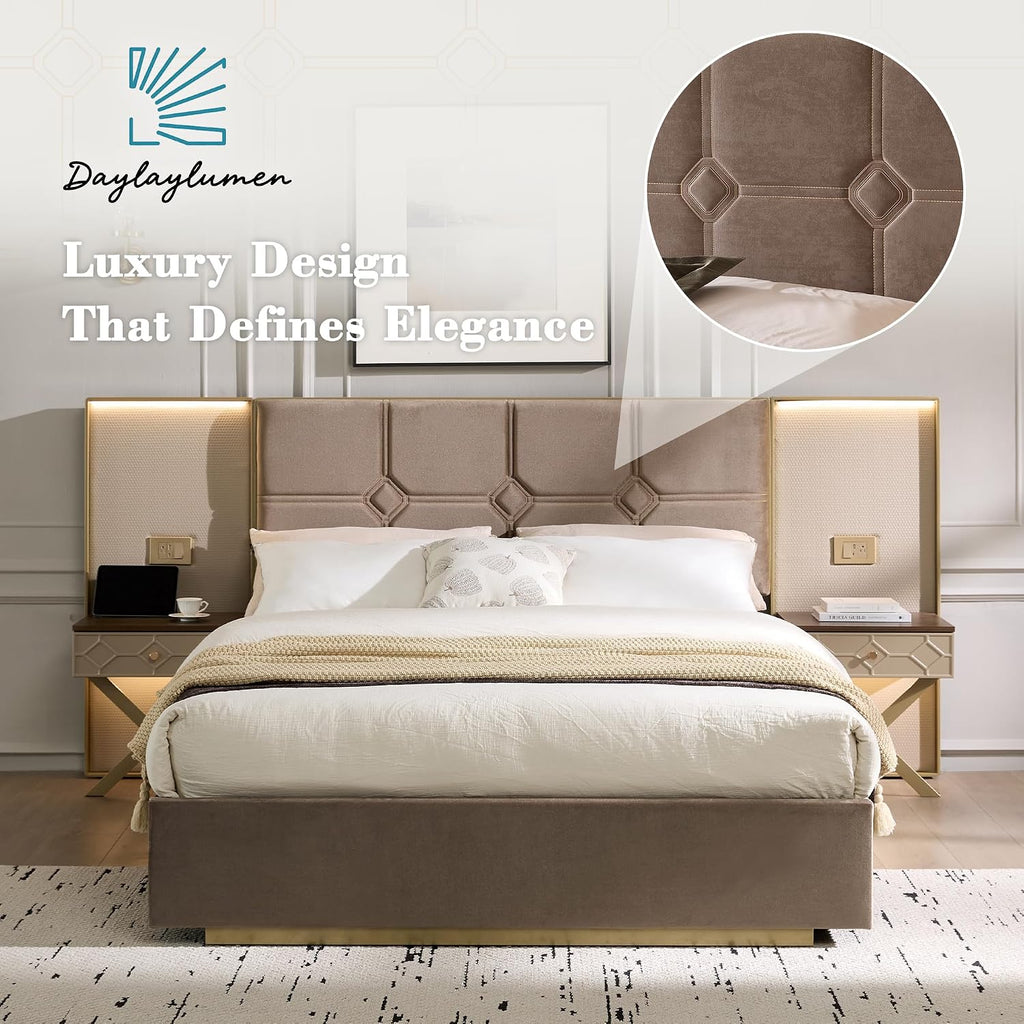 Luxurious Queen Platform Bed Frame with Metal Frame Headboard, Modern Velvet Upholstered Platform Bed with 2 Built-in Wall Lamps and Bedside Table for Bedroom Guestroom, Coffee
