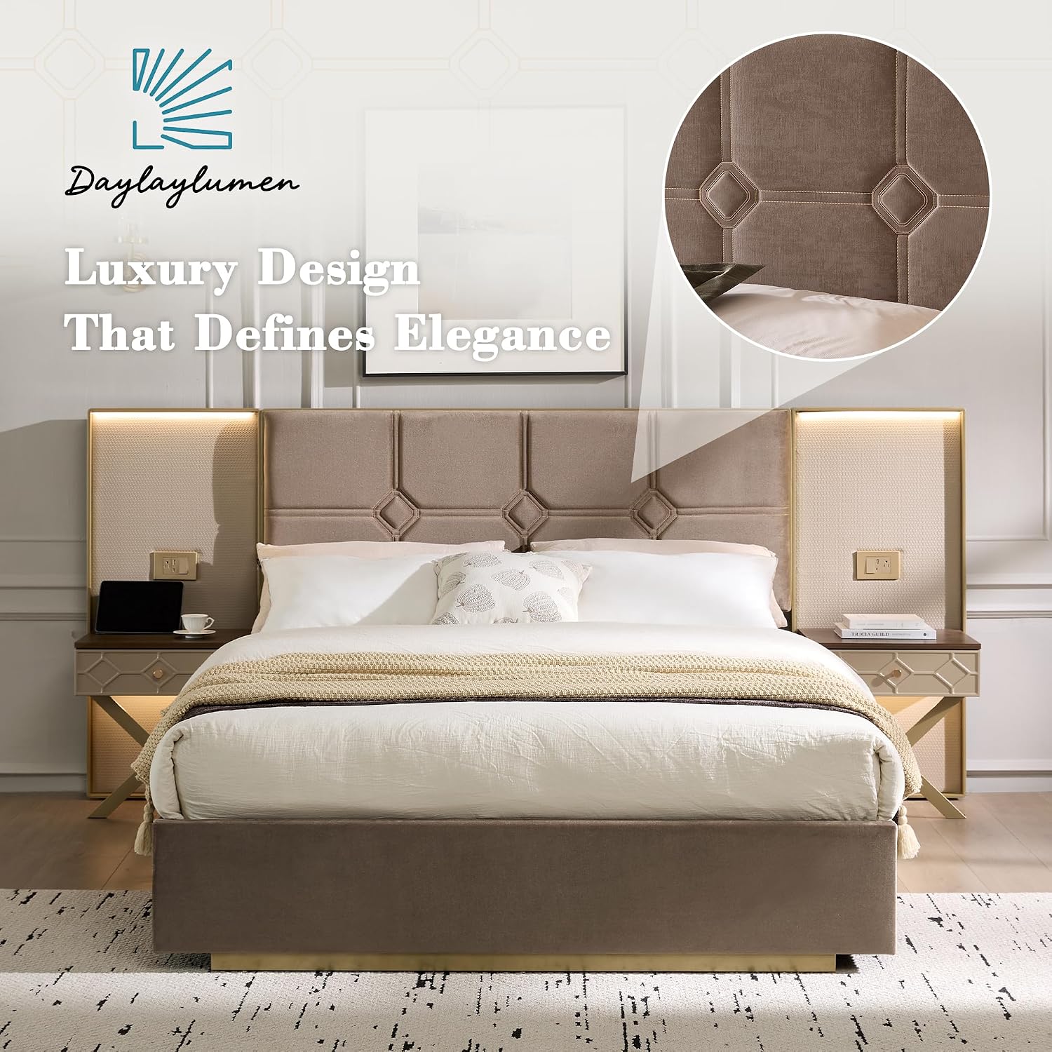 Luxurious Queen Platform Bed Frame with Metal Frame Headboard, Modern Velvet Upholstered Platform Bed with 2 Built-in Wall Lamps and Bedside Table for Bedroom Guestroom, Coffee
