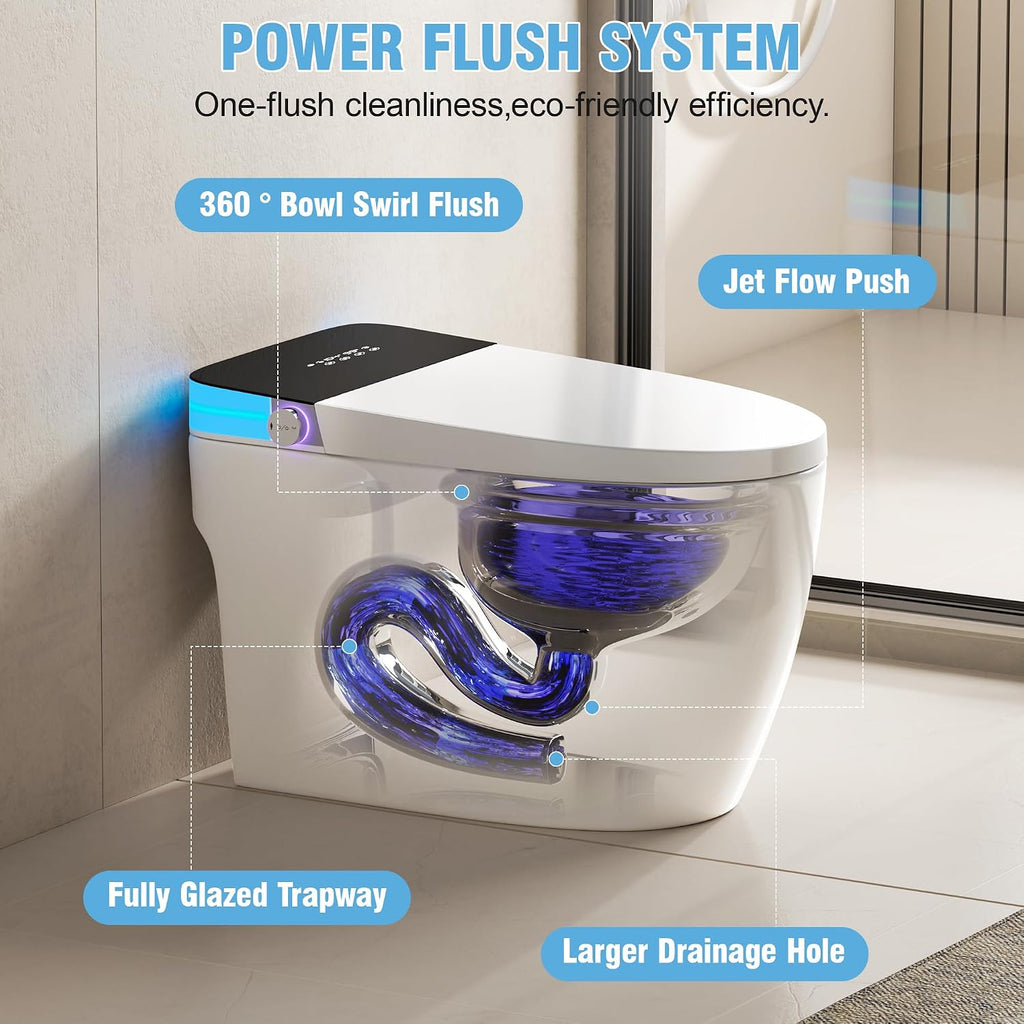 Luxury Smart Toilet, Elongated One Piece Toilet with Heated Seat, Dryer, Auto-Lift Lid, Soft Close, Electric Tankless Bidet Toilets for Bathroom with Siphon Dual Flush 0.8/1.2 GPF, MAP 1000g
