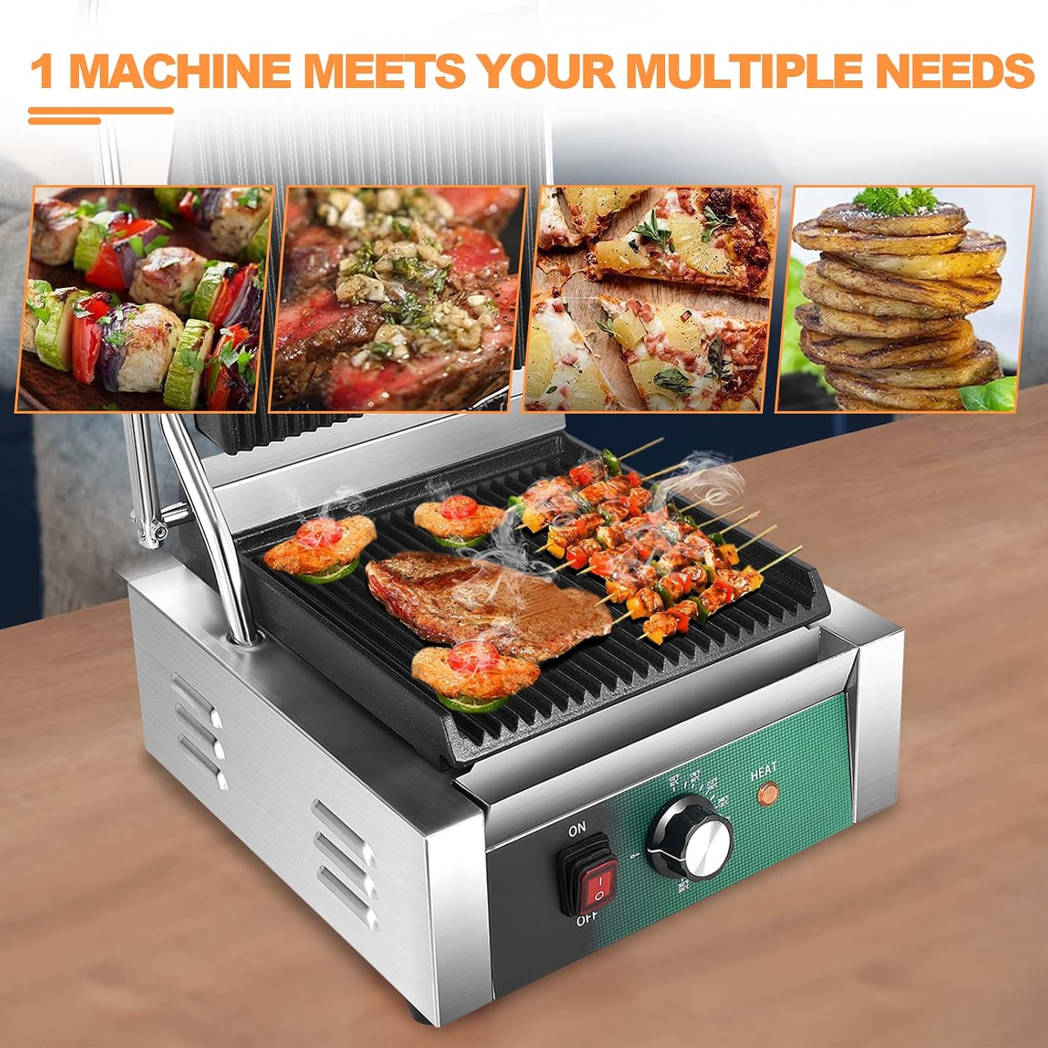 Commercial Panini Press, 2200W Panini Grill Press Sandwich Maker with Non-Stick Grooved Plates and Adjustable Temperature Control, Double-sided Heating Electric Griddle