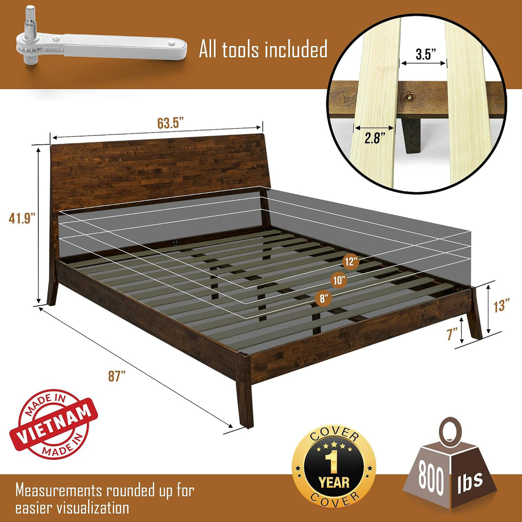 Acacia Serenity Queen Bed Frame with Headboard Natural Wood Bed, Scandinavian Signature High Headboard Compatible with All Mattress Types, 30 Mins Assembly Wood Slats Support Bedroom Furniture, Walnut