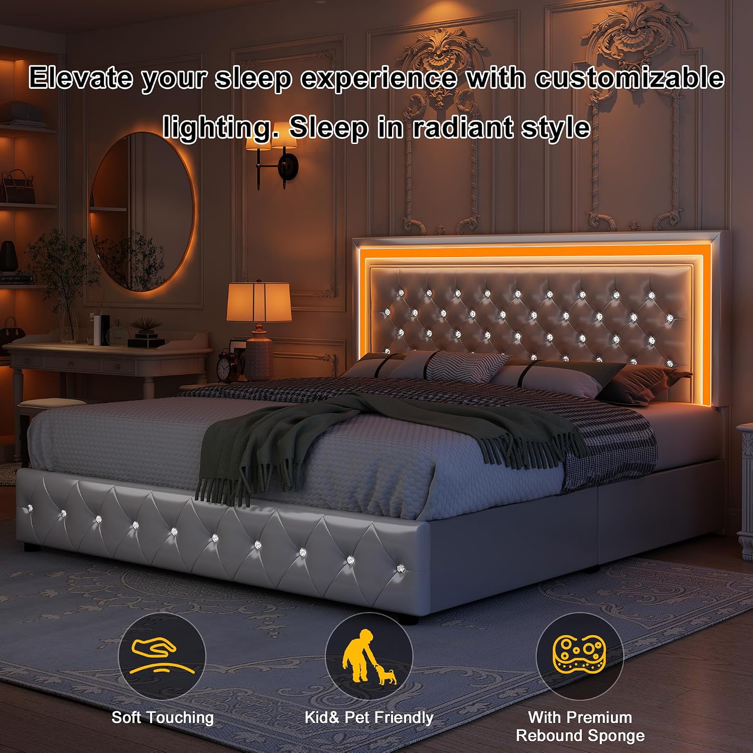GEGOFORU King Led Bed Frame with 4 Storage Drawers, Bed Frame with Led Lights, No Box Spring Needed, 900 lbs Capacity, Easy Assembly, PU White