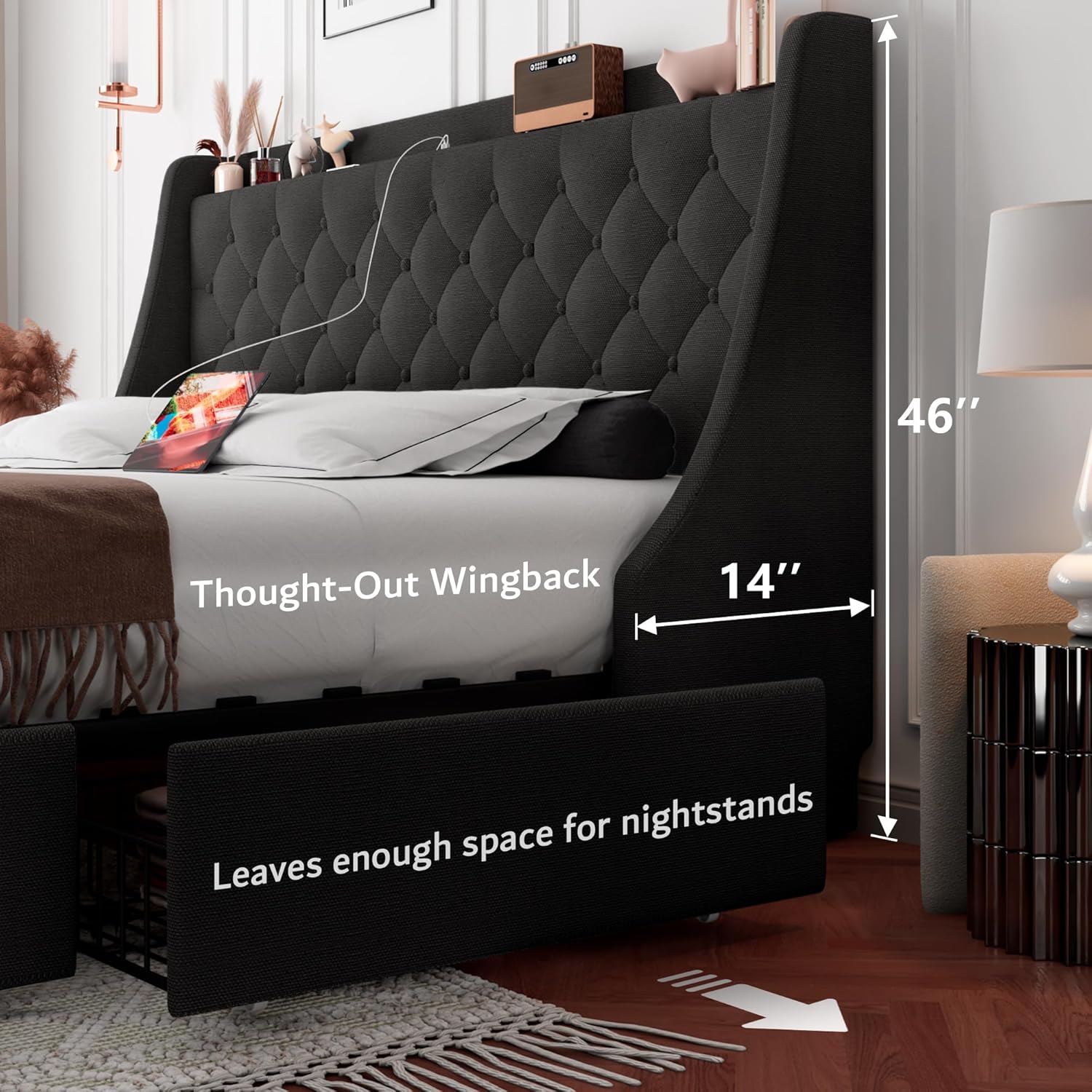 iPormis Full Size Bed Frame with 4 Storage Drawers, Upholstered Platform Bed Frame with Type-C & USB Ports, Wingback Storage Headboard, Solid Wood Slats, No Box Spring Needed, Black
