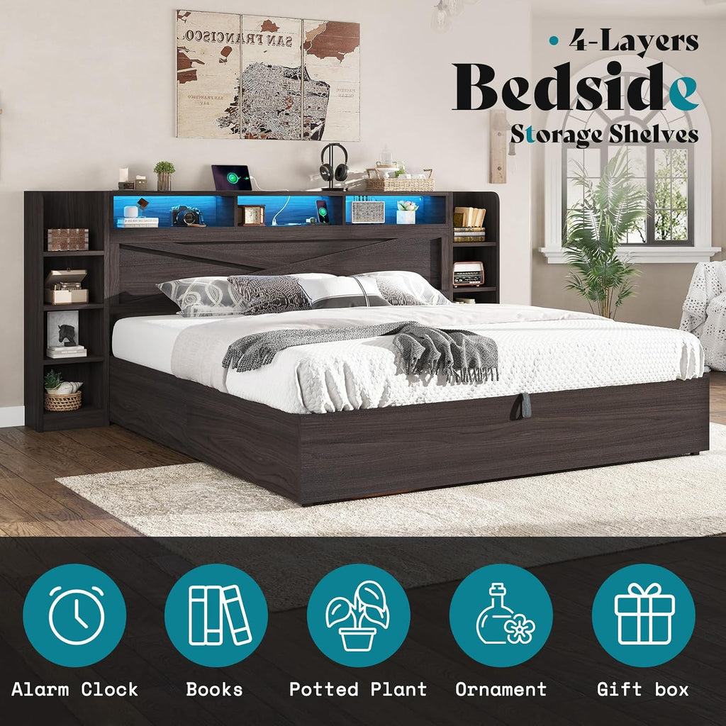 AMERLIFE Queen Size Lift Up Storage Bed Frame, 45.1' LED Bed Frame with 2 Side Shelves & Bookcase Headboard, Farmhouse Wood Platform Bed with Charging Station, No Box Spring Needed, Black